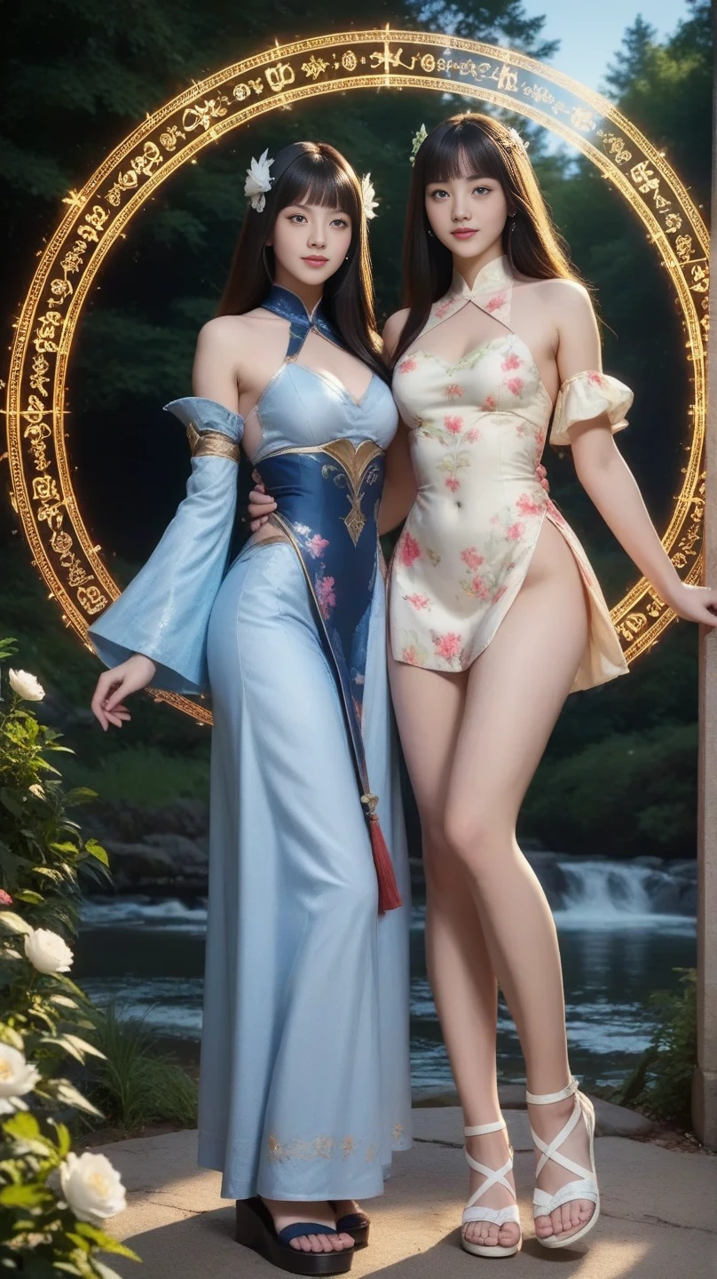 Highest image quality, 8K quality, masterpiece, professional writing, (Two women with huge breasts are standing next to each other:1.2), (Super big breasts compressed with clothes:1.2), Whitening skin, shining blue eyes, (Halter mesh neck dress with an amazingly short hemline), (Only the visible skin between her neck and her huge breasts is completely covered with see-through fabric.:1.3), above the knee, Skirtliftv1, (Beautiful butt sticking out:1.3), (Super big breasts straight ahead composition), (white panties)