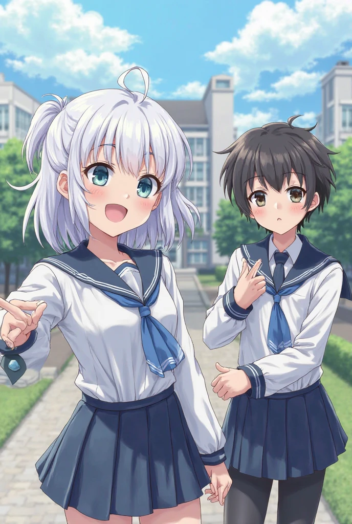 (Very detailed CG ユニティ 8k 壁紙, masterpiece, Highest quality, Very detailed), (Best lighting, Best Shadow, Very delicate and beautiful), Cool, dynamic, Original girl character (dynamic pose) Silver (Pixie Cut Hair: 1.3) Reflects light beautifully.A high school girl wearing a sailor uniform、This is a scene where a male student in a classmate&#39;s uniform is lifting up her skirt.。High school girls in pure white blouses、She wears a sailor uniform with a distinctive navy blue sailor collar.、She is desperately holding down her navy blue pleated skirt.。her face turns red、With a look of anger and embarrassment、She is glaring at the male student with tears in her eyes.。Her hair is shoulder-length、The bangs are a little messy.、It shows the intensity of the movement。 she前かがみになり、The skirt is held down by the inner thighs。Her hands were gripping the hem of her skirt tightly.、I&#39;m so tense my knuckles are turning white。Her legs were shaking with tension、You can see the muscle tension through the stockings.。 on the other hand、The male students are wearing school uniforms、White shirt and blue tie、And he&#39;s wearing black pants。He&#39;s full of mischief、Grabbing a high school girl&#39;s skirt with one hand、With the other hand, he tries to turn it up even further.。His expression is joyful、There is a smile on his face.。His eyes were shining with excitement、You can see the anticipation of the prank succeeding.。 The high school girl&#39;s skirt slowly々When it is turned over、The white string panties are visible、Her face gets even redder。she「stop！」While shouting、I desperately hold down my skirt。His voice was trembling and angry.、Her embarrassment and anger are palpable.。 The male student ignored the voice.、Pull the skirt with more force.。His hand movements are quick、The hem of the skirt sways。With his powerful hand movements、In contrast, the desperate resistance of high school girls is depicted.。 In the background, the schoolyard and hallways are spread out.、It gives a glimpse into everyday school life.。There may be other students around watching from a distance.、Because they are concentrating on the offense and defense of the two、The background is slightly blurred。 With natural light shining in、Their movements create a shadow.、It gives a realistic texture and a sense of presence.。Because it is drawn in a full-body composition、The posture and facial expression of the two、The hand movements are depicted in detail。especially、The contrast between light and shadow is enhanced、The movements and emotions of the two people emerge more clearly.。
