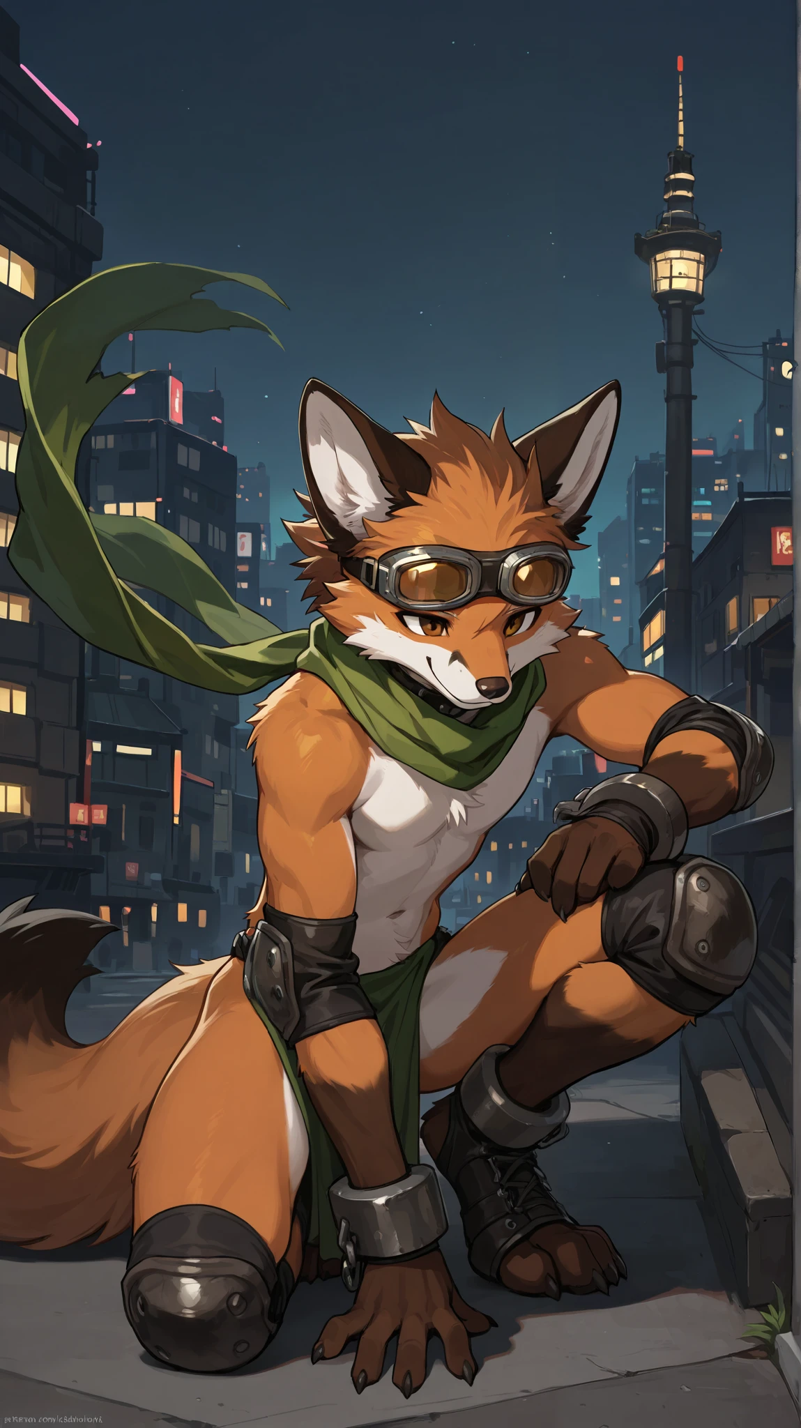 no lighting deep shadow, masterpiece, high quality, hi res, solo, Furry, red fox, spiked brown hair only on head, collar, brown eyes, goggles, green loincloth, green scarf, elbow pads, knee pads, masterpiece, No muscles, Detailed hands, detailed face, detailed eyes, detailed body, Flat body, Skinny, claws, high resolution, metal cuffs on wrists, metal cuffs on ankles, no shirt, no underwear, city, night, kneel, smile