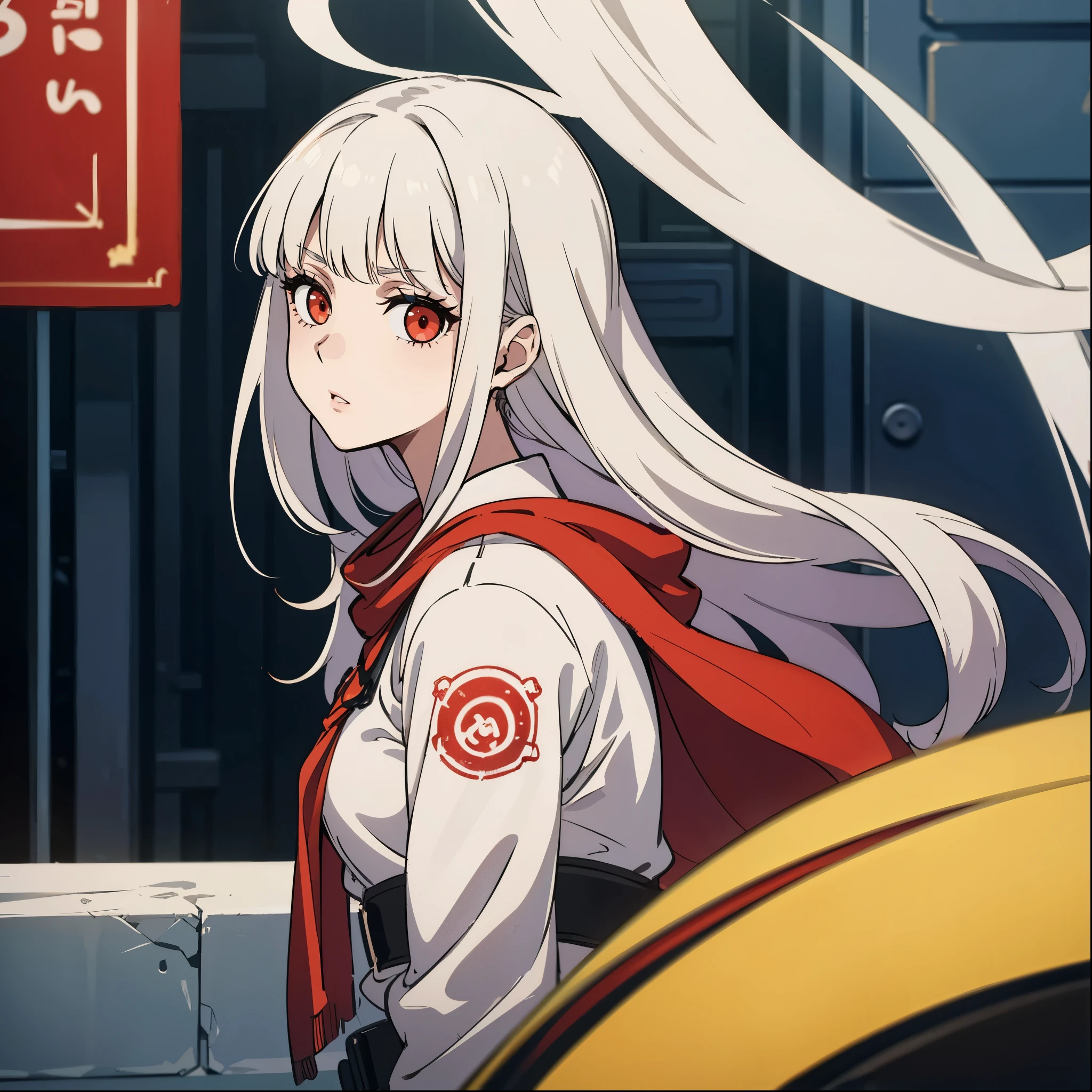 a 19 year old girl, she has long white hair, she has red eyes, she wears bangs like katty perry. She style is gotic