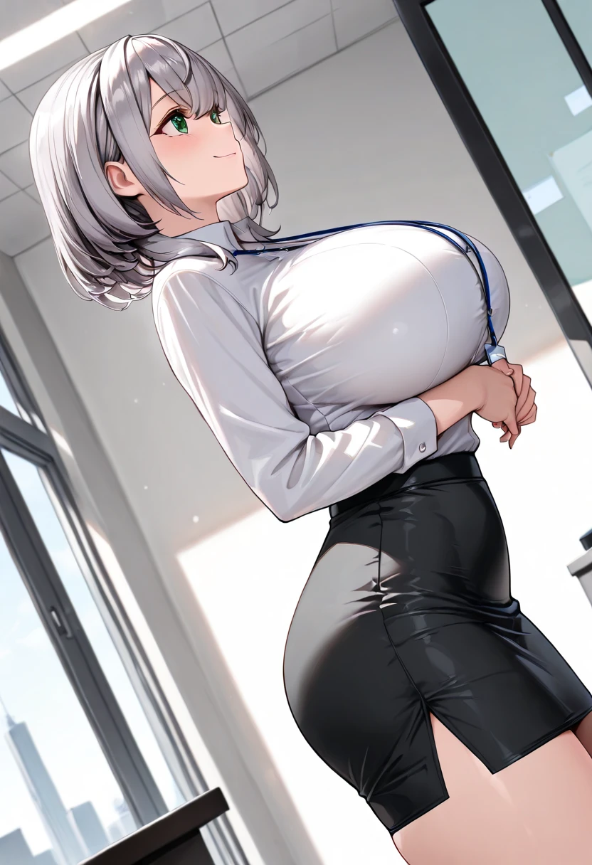 ((tmasterpiece,Need)),(1girl),((A MILF)),Light  white hair,Hair is translucent with a hazy feeling，big-areola,((office lady)),By bangs,middlebreast,(plumw),slim,ssmile,[Wide hips],office,standing, aru \(blue archive\),
