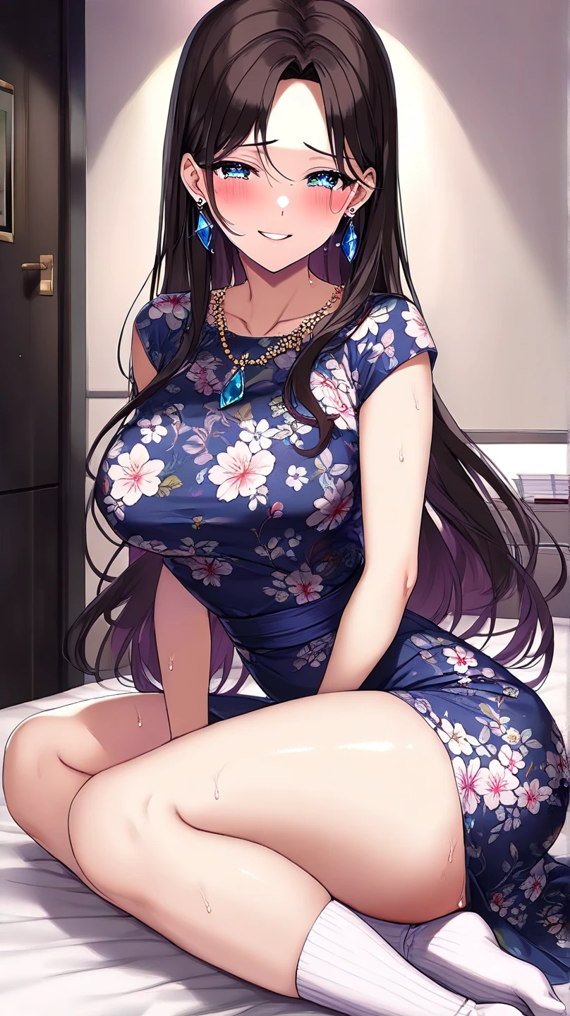 Komi Shouko, string dress cleavage blue floral print