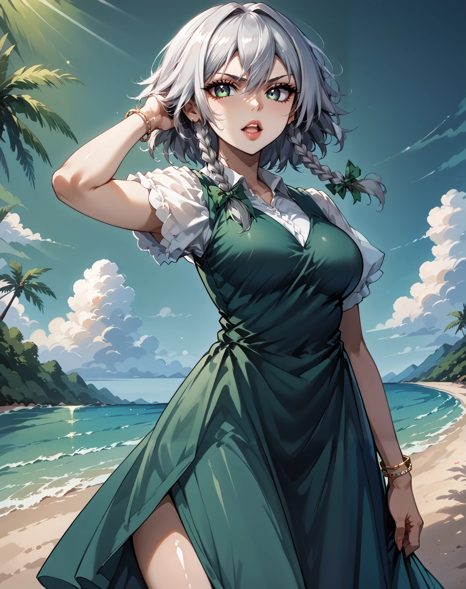 score_9, score_8_up, score_7_up, source_anime, 4K,perfect fingers,(perfect hands, perfect anatomy),prefect lighting, very aesthetic, intricate details,highly detailed background, masterpiece, high quality, best quality,
1girl,solo, izayoi_sakuya,silver hair, twin_braids ,Large Breast,
wearing ((dress, Bracelet, )) ,,
beach, tattoo,looking at viewer, open mouth, parted lips, teeth, lips, mildly annoyed face, tilted head, singing, vocalist, girl band, on stage,
