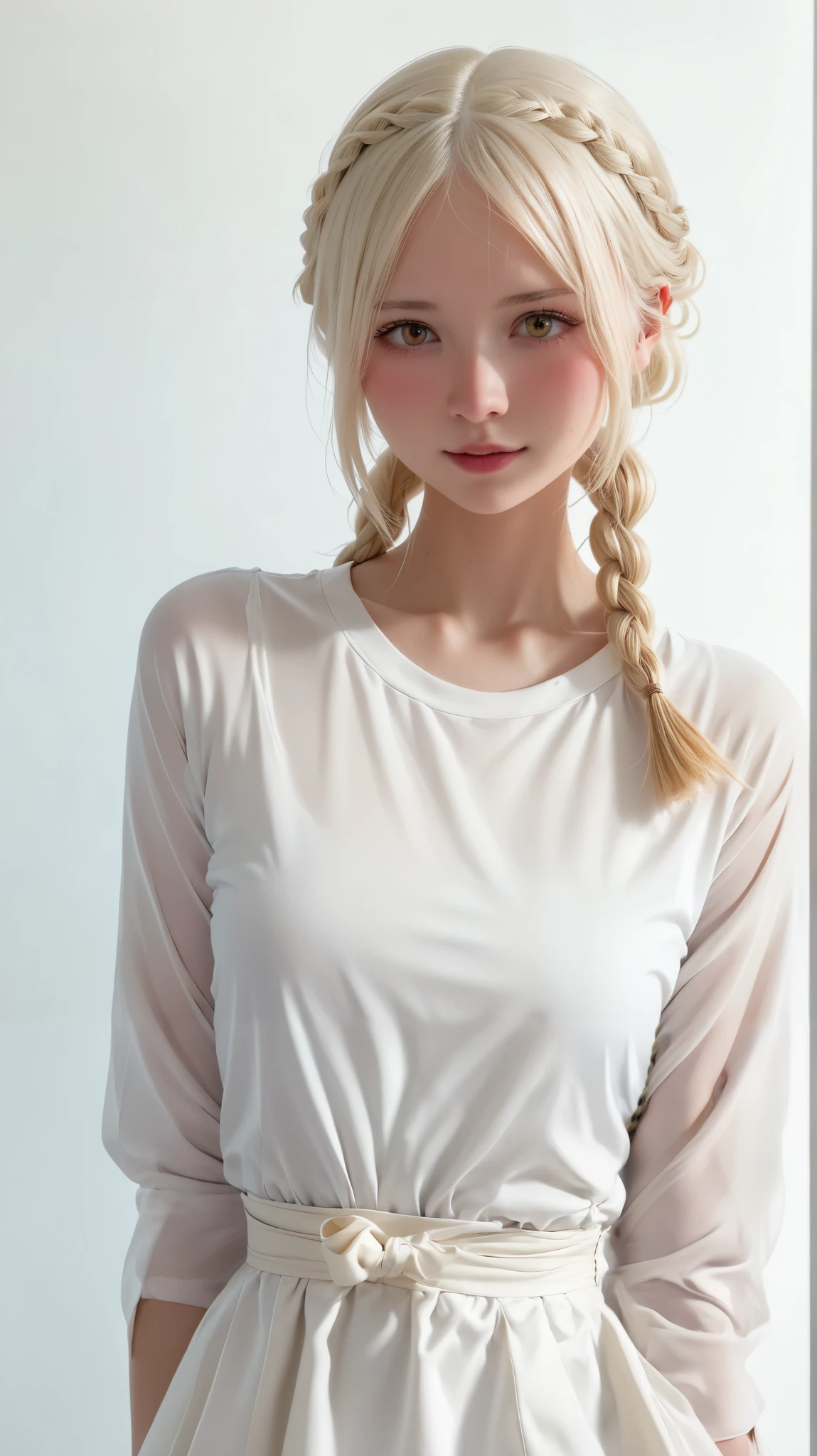 Japanese woman, solo, one girl, (((white background:1.3))), (((1 albino girl、cute face、cute girl))), light brown eyes showing armpit sweats:1.3、french braid, braids, ((( Embarrassing Poses))), white dress、((white shirt:1.3、White Block Dress)), Tyndall phenomenon, realistic, Shadow Studio ,Ultramarine、illumination, Dual tone illumination, (detailed skin: 1.2)、薄Dark illumination、Dark illumination、 pictures, high resolution, 4K, 8k, background blur, Beautiful Fade Out 、White World、white background