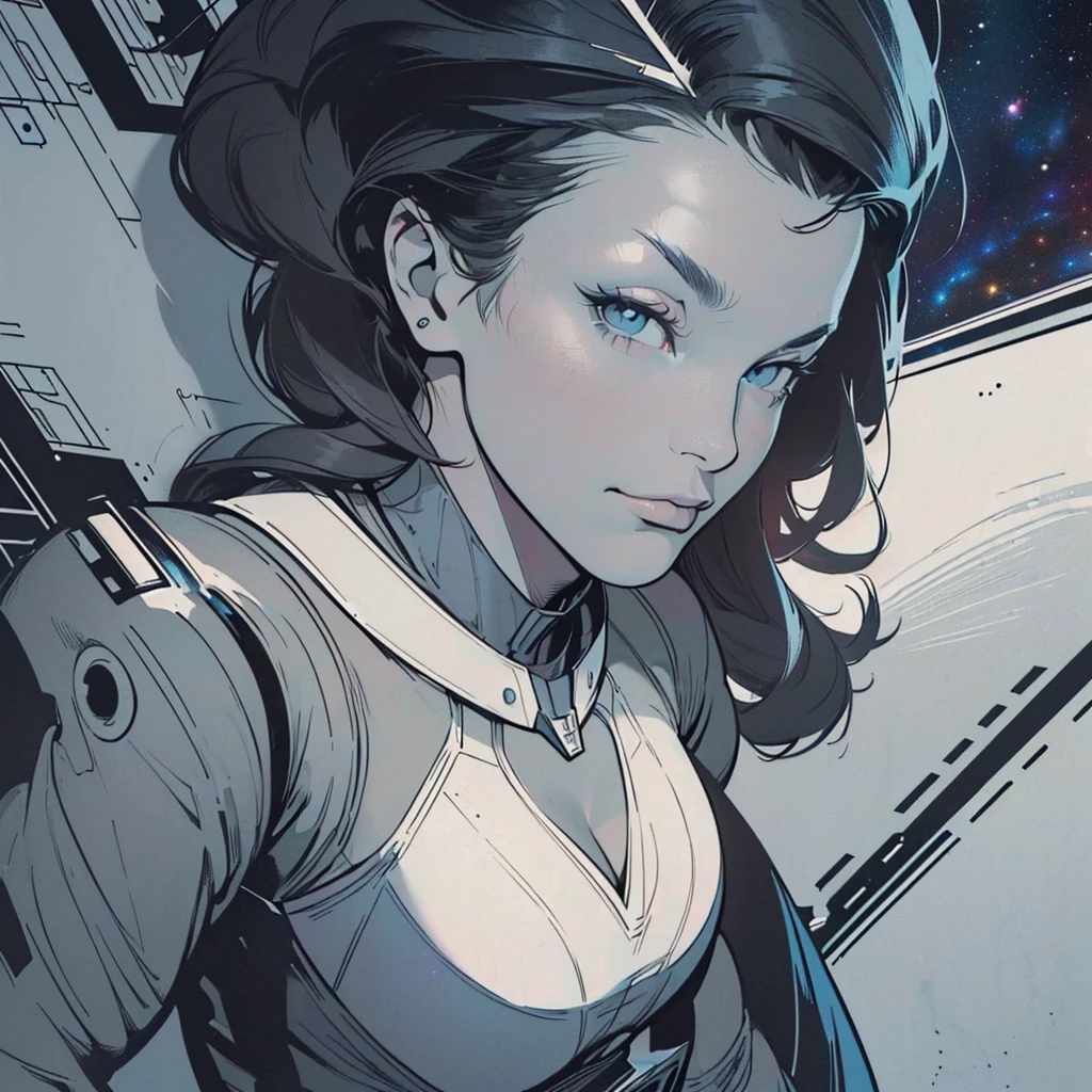 (work of art, Best quality, absurd, 4K, aesthetics, perfect eyes, perfect face, detailed, intricate, Perfect Lighting) 1 girl with fair skin, long dark hair, wears a futuristic dark blue and white bodysuit