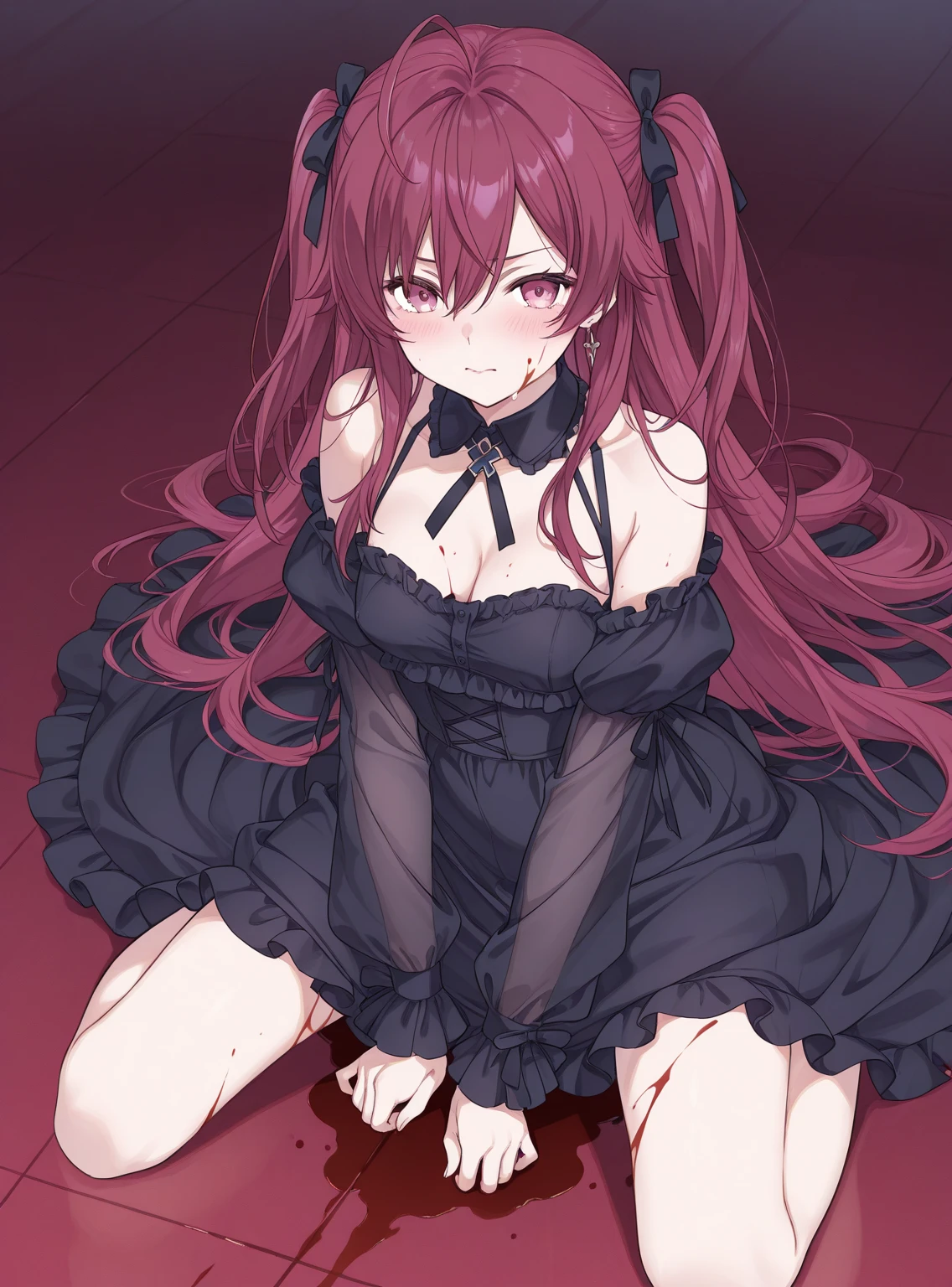 detailed, red hair, purple eyes, dominant, fangs, black dress, thigh slit, dark background, blood themed, sleepy eyes, eye glare- purple