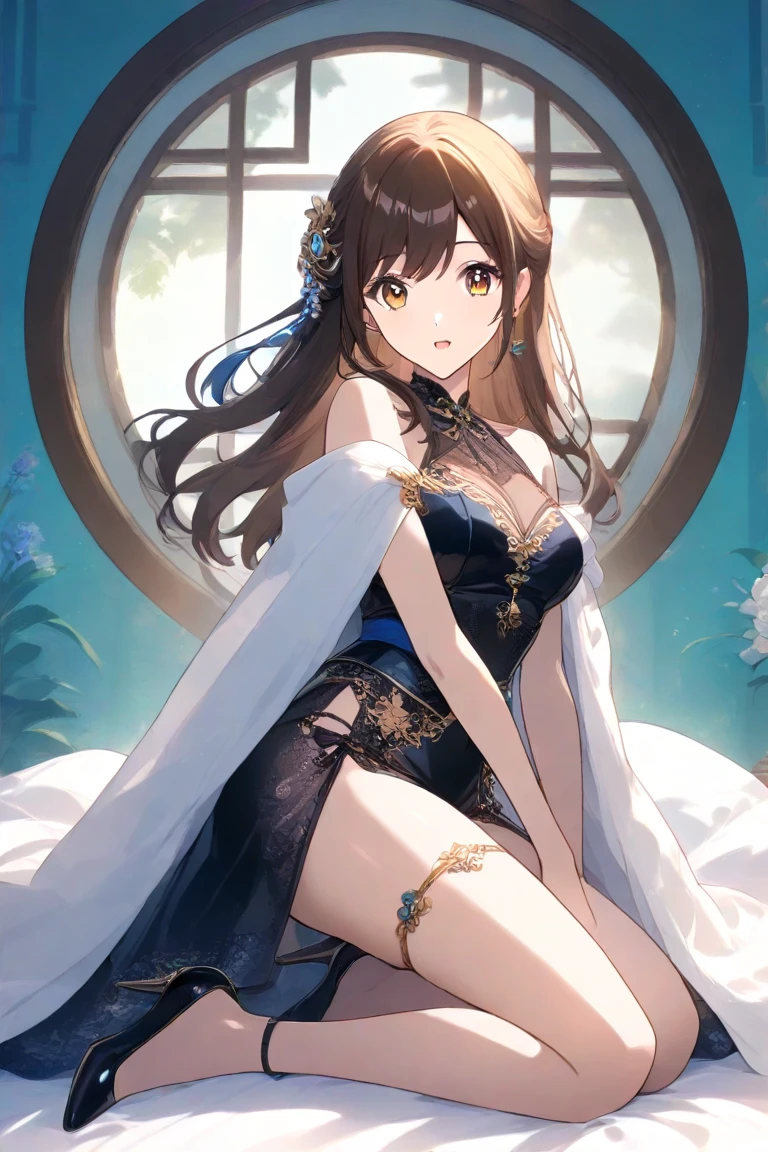 Official Art, Masterpiece European female face,elvish, short hair, lightbrown hair , brown eyes , jugendstil , (masterpiece、top-quality、hight resolution: 1.4),in 8K, Drawing of a woman with short lightbrown hair, Anime Art Nouveau, highly detailed exquisite fanart, anime fantasy illustration, clean detailed anime art, detailed anime art, Sharp Focus, Delicate Beautiful Hair and Eyes and Face, realisitic, ultra-detailliert, a beauty girl, flower garden, symetric fairy wings on the back,