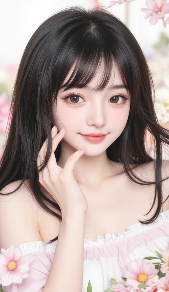 highest quality, realistic, 8K, High resolution, 1 girl, woman, (skin dents), (portrait:0.6), nice, ((white background, naked, small breasts:1.65)), (long brown hair, parted bangs:1.4), looking at the viewer, (1 girl eyes looking at the viewer:1.6), realistic, (Bokeh), (closed mouth, smile:1.3), nice, Pueros face_V1:1,