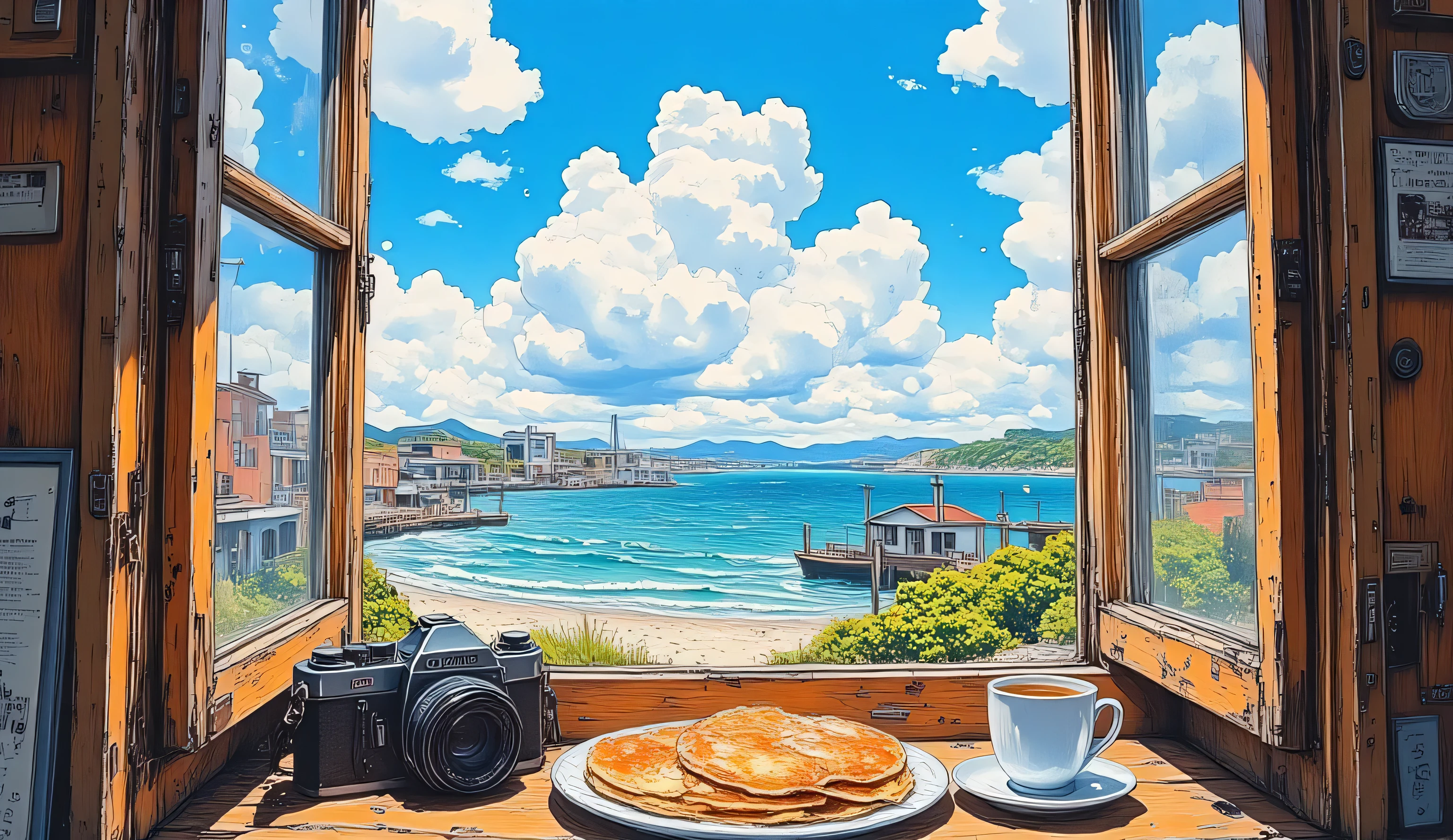Views from an Open Window, old, Peeled Wood Window Frames,A plate with pancakes on it, vintage camera , pictures, A cup of tea, clear blue sky,Creamy Clouds, sunny day, Picturesque Views of the Harbor, beach , Stickers and pictures on the side of the window frame, bright color, nostalgic atmosphere, Fascinating Artistic Style,High Angle, Semi-realistic digital art,