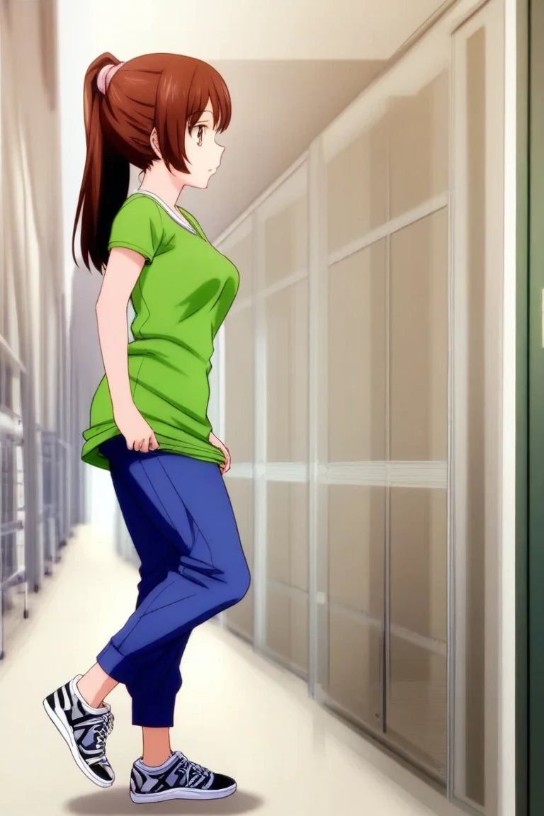 Koyomi mizuhara, brown hair, long hair, glasses, gym shirt, biker shorts, looking back, back of view, bubble butt, back of view, Pinup