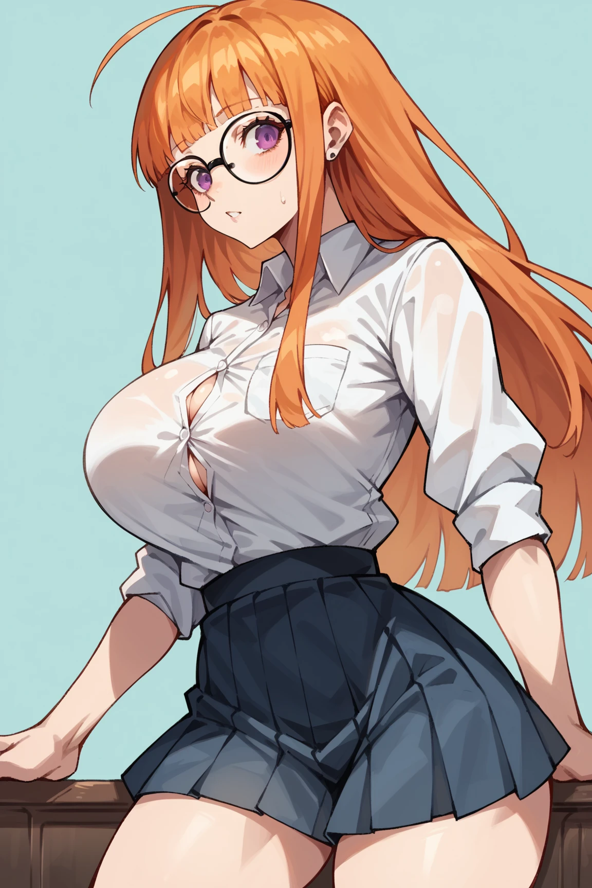 1 woman, solo, tall woman, long orange hair, straight hair , (Full Breasts), High Height, glasses, masterpiece, high resolution, shiny, full body, beautiful,,highly detailed beautiful face and eyes,looking at viewer, ,classroom, desk, wooden floor,( lying, on back:1.2),arms up, kneehighs, red bow, , (embarrassed,blush:1.3),cowboy shot, wariza,