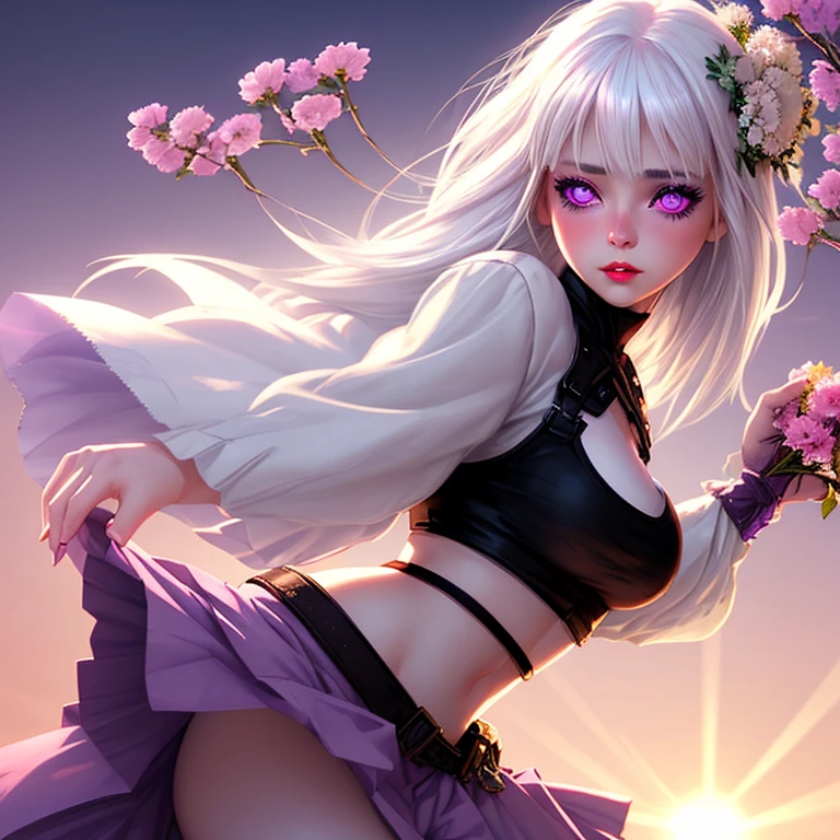 realistic, 1girl, white hair, purple eyes, glowing eyes, crop top, skirt, parted lips, blush, night, flowers, sun, sunlight, --auto --s2