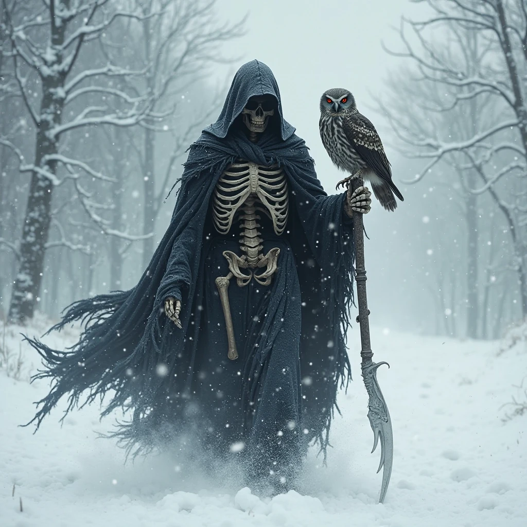 ((masterpiece, Fantasy, In the middle of the snowy field there is a monster with a bird body and a human head.)), The head is a human skull and the neck is long., Zombie Bird,Human hands growing, Has a spear, Bird's feet, has black wings, Wrapped in black flames,Strong snowstorm with poor visibility, dark, Cloudy
