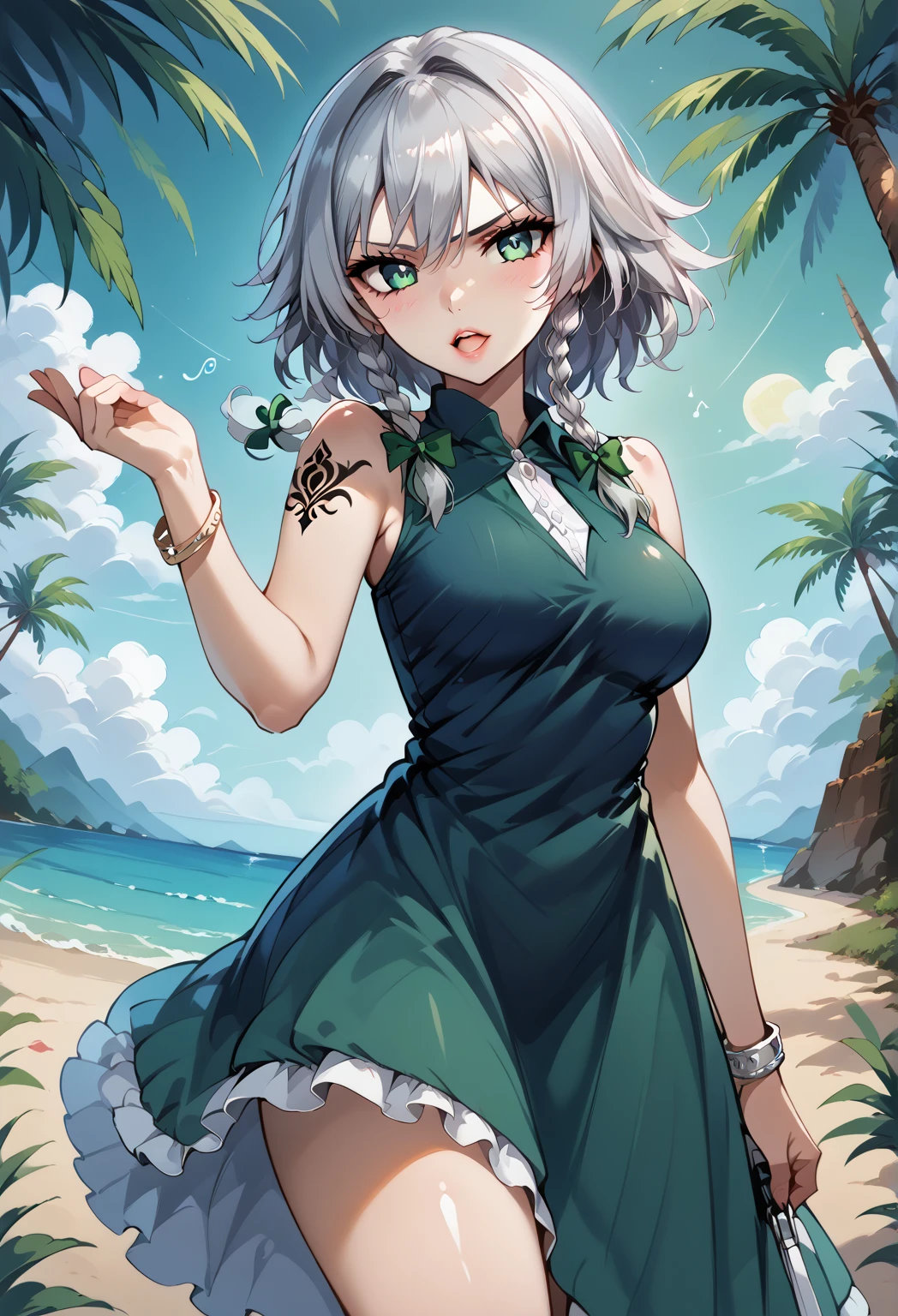 fuukakikuchi, fuuka kikuchi, １Girl Girl,short hair, bangs, Hair between the eyes, (Green Eyes:1.3), Straw hat,Brown seashell necklace,Gray Hair,smile,blush,White vest,Red Tank Top,Long skirt,Cute Sandals,whole bodyがイラストに入るように,Daytime,Clear skies,walking,morning,morning陽,The sun is rising,
break outdoors, Coastal Road,Sandy Beach,Building district,
break looking at viewer,whole body,Upper Body,
break (masterpiece:1.2), highest quality, High resolution, unity 8k wallpaper, (shape:0.8), (Fine and beautiful eyes:1.6), Highly detailed face, Perfect lighting, Highly detailed CG, (Perfect hands, Perfect Anatomy),