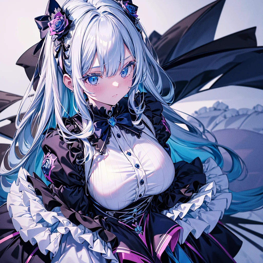 silber hair,butterflys,Long gray hair,8k wallpaper,detailedbackground,Highest high resolution,Deep V large breasts,hair covering one eye,Church background,Rose blanche,Tight,themoon,