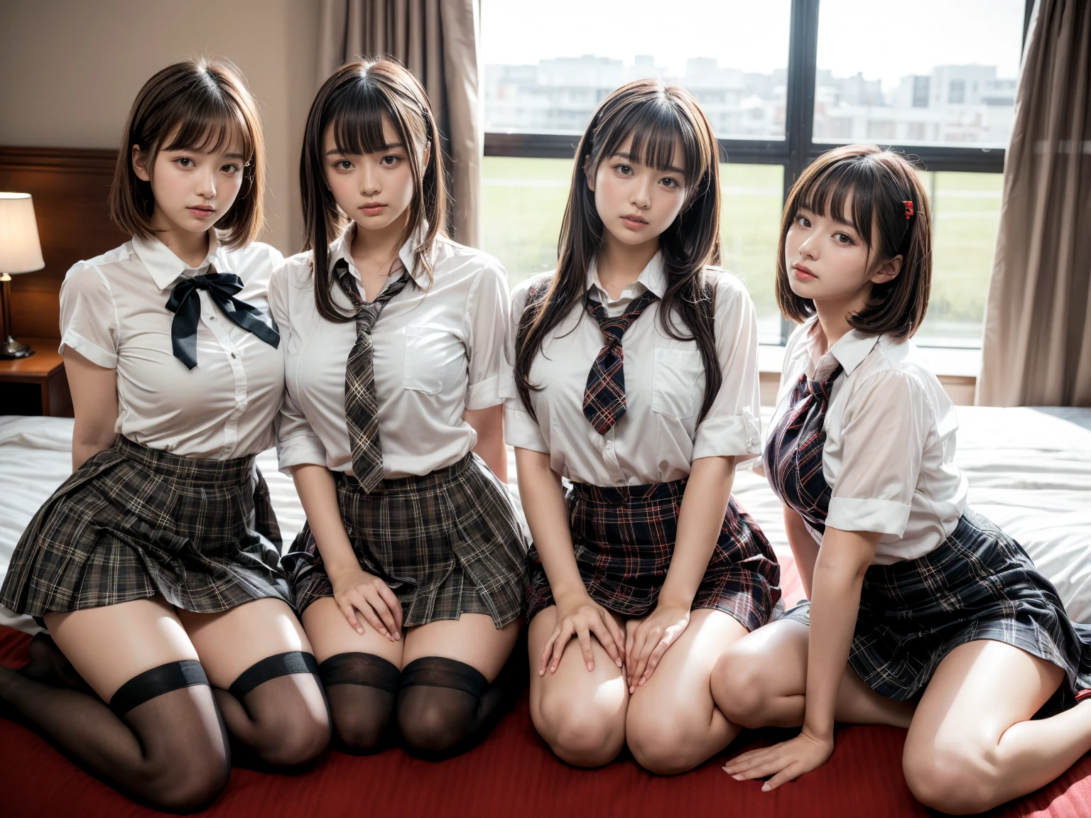  ((masterpiece)), ((Highest quality)), (Very detailedな), ((cute)), cute, (Multi-point), ((sexy)), (device), ((Very detailed)), 4K, (8k), Highest quality, (beautiful), hyper cute face, shape, Anime Style,hyper Genuineistic, Genuine, Dynamic Angle, ((whole body)), close, ((Navy high socks and brown loafers))、顔から足までwhole body、 Thick outline, Clear contours, (Two Girls, 3 cute girls:1.5), (Schoolgirl Uniform :1.5), beautiful light brown hair, beautiful brown eyes, ((beautiful eyes)), (Squat down on one knee:1.5), short hair, Big Breasts,  smile
