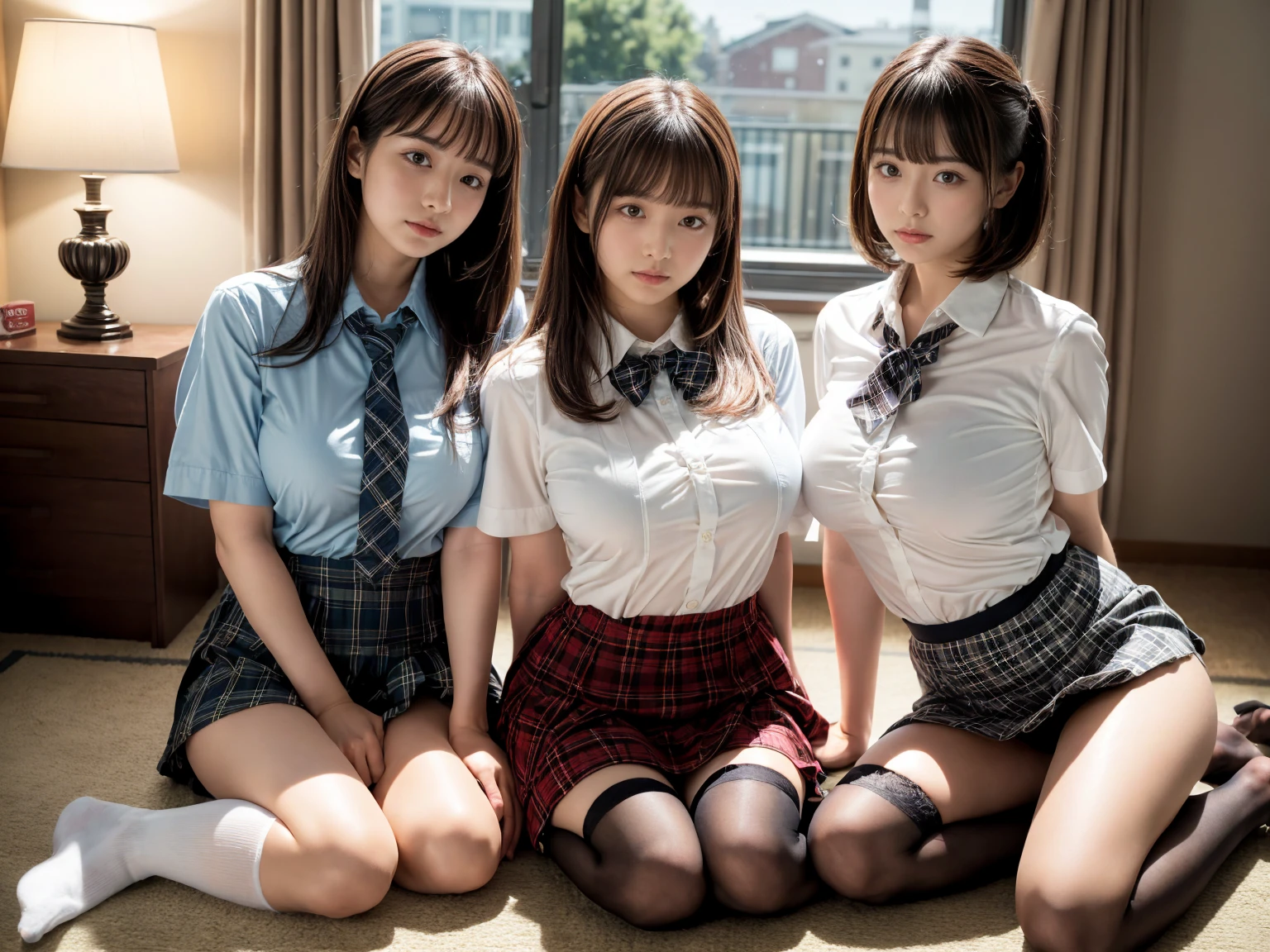 8k, RAW portrait (japanese woman),masterpiece、Photoreal:1.3、realistic, ultra high resolution, highest quality, real life photos ,( in the evening :1.1),
((((2 girls:1.5)))), (((Two girls showing off their panties in the room)))、(cute face:1.3)、日本の2 girls,((Two Japan high school girls))、((2 real high school girls))、((Japanese high school uniform:1.6))、 blonde,slender body,、in the room、((short hairstyle))、
big, beautiful, detailed eyes, black hair,(Depth of written boundary:1.3)、 ((dark brown eyes:1.2))、(realistic skin texture:1.3)、(An immersive atmosphere:0.8、chiaroscuro:1.2) 、(look viewer:1.3)、((embarrassing))、((from belowの天井:1.2))、(smile:1.2)、((wearing T-front panties:1.4))、((panty shot))、((woman rolling up her skirt))、((from below:1.15))、((panties close up:1.52))、((panty shot))、the most beautiful woman in the world、the most beautiful woman in the world、((spread your legs to the side:1.4))