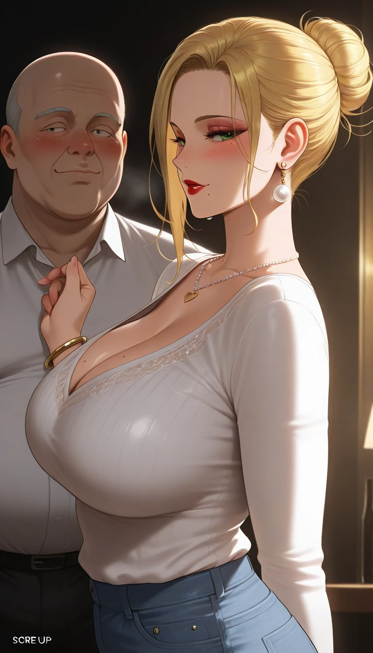 (huge tits), cleavage, good anatomy, masterpiece, best quality, 4k, 8k, professional photography, soft light, sharp focus, 1 girl,  blonde hair, kimono, (mountai), clouds, blonde hair, parted banks, detailed face+brown eyes, smile, closed lips, lipstick, bookshelves, windows,realistic, Tsunade in anime (Naruto) , real live from anime , perffect real live detail high , in realistic