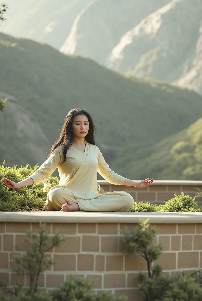 Realistic style, this photo depicts a Chinese woman gently closing her eyes, beautiful, confident, with a beautiful figure, looking straight, with beautiful facial features, sitting cross legged in a peaceful environment, on a hillside, with flowers, wheat fields, a small stream, and a wide-angle lens. She is meditating in a peaceful environment. The woman was wearing a white dress, adding a calm atmosphere to the scene. The sun sets in the background, casting a warm glow in the scene, sitting on the grass lost in thought. High quality, high detail, 8K resolution