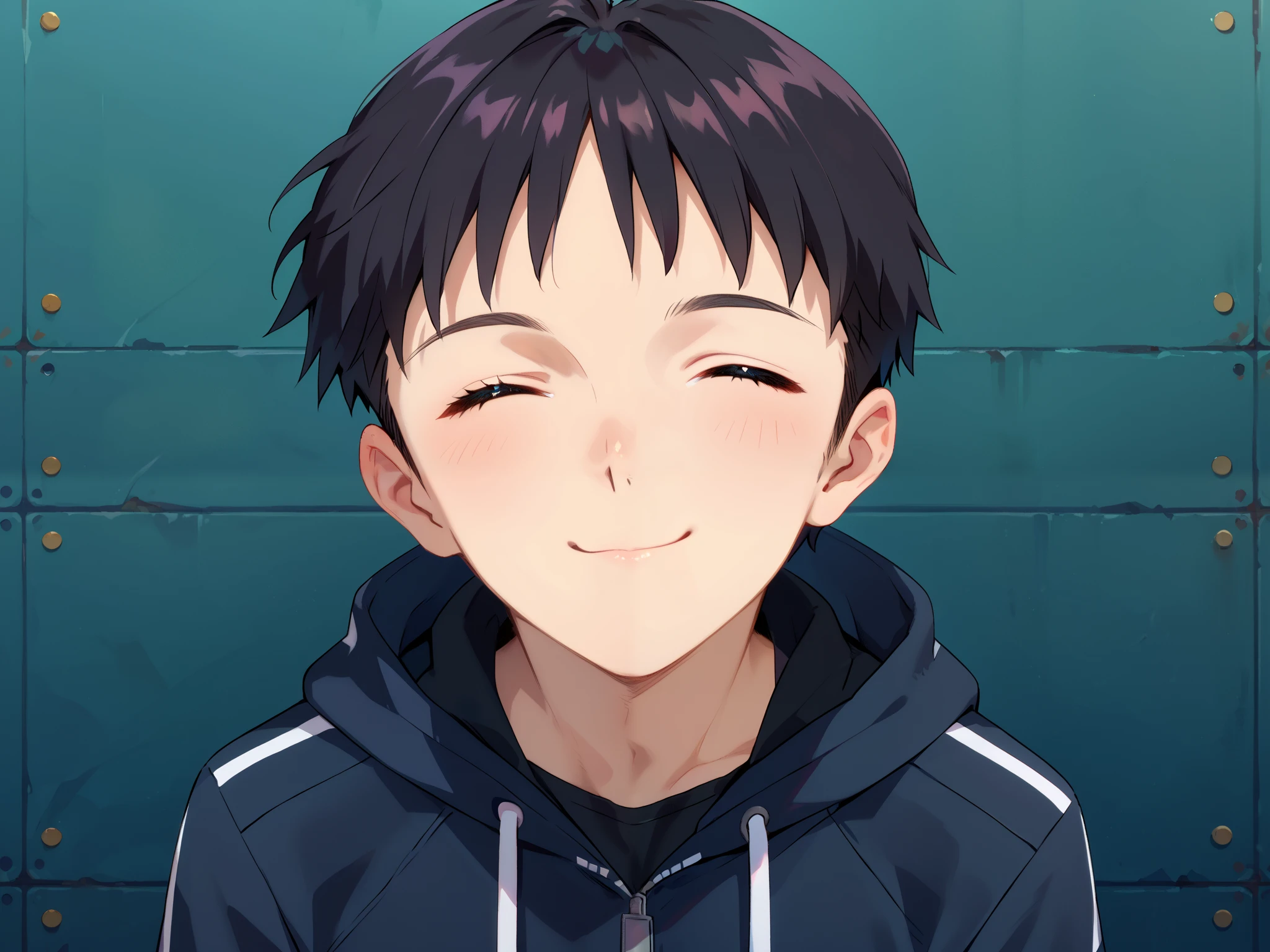 Cute boy's appearance is a cute neutral face with short black hair and long eyelashes. Kind smiling expression. (closed one eye), closed mouth, smile face, Black open front hoodie with short sleeves. (Short black spats under the hoodie). (((tight black spats))). White socks. Campus sneakers. Hide your arms behind your body, (upper body shot), ((Leaning forward)), very detailed (perfect anatomy), perfect hands, (from front viwe), ((face focus)), (Hide your arms behind your body).