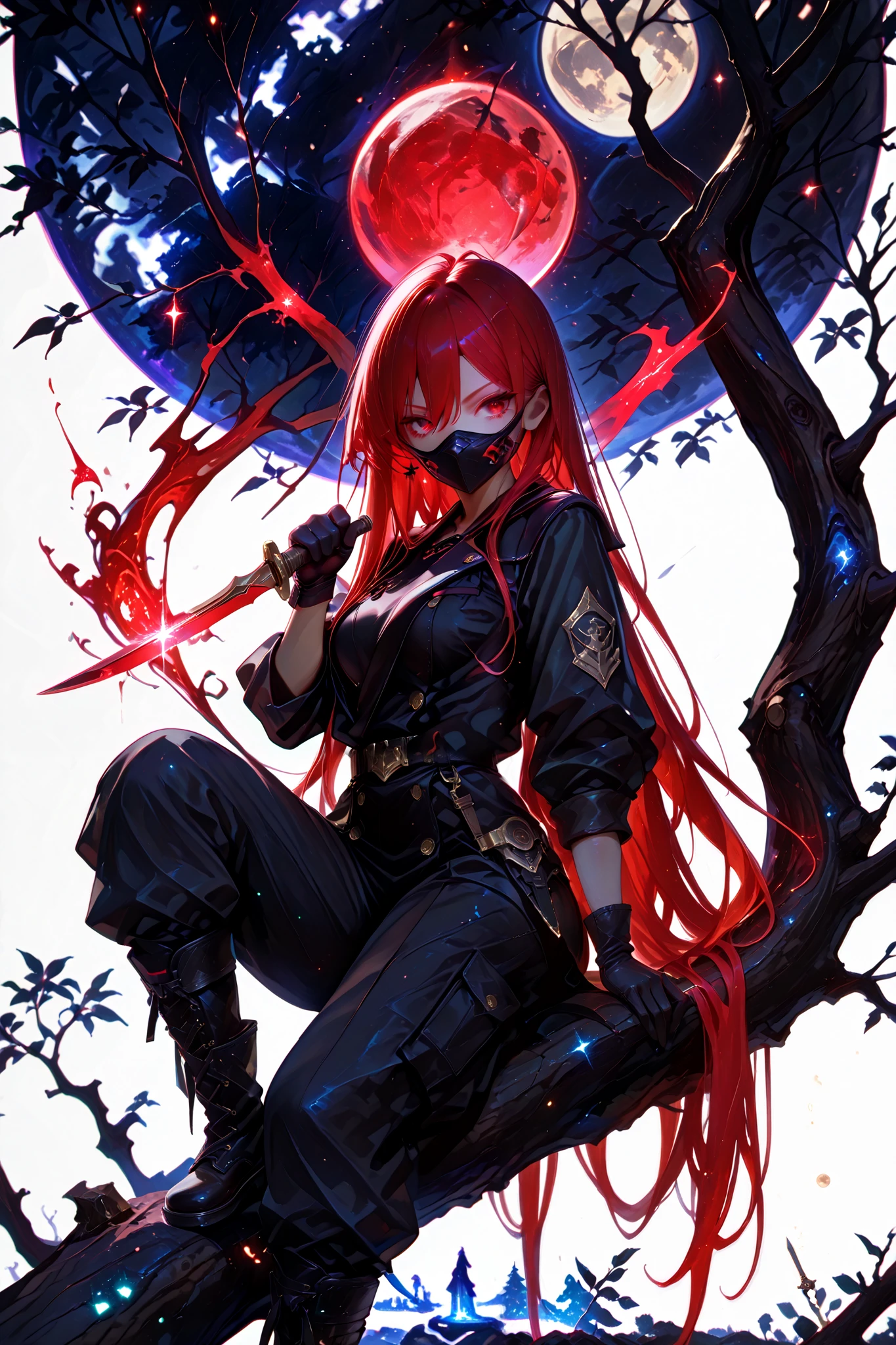 (masterpiece, best quality), amazing quality, very aesthetic, absurdres, newest, HDR, 8K, high detail RAW color art, gacha splash art, 1girl, Shana Ryu, red eyes, red hair, very long hair, medium breasts, curvy, beautiful, cool, sexy, black jacket, gloves, mask, black cargo pants, combat boots, solo, dynamic pose, dramatic dagger pose, badass pose, holding great dagger, cool posing, surreal, white background, magical, fantasy, magic, glittering, glow, chromatic aberration, glowing particles, sitting in a tree, moon, night,