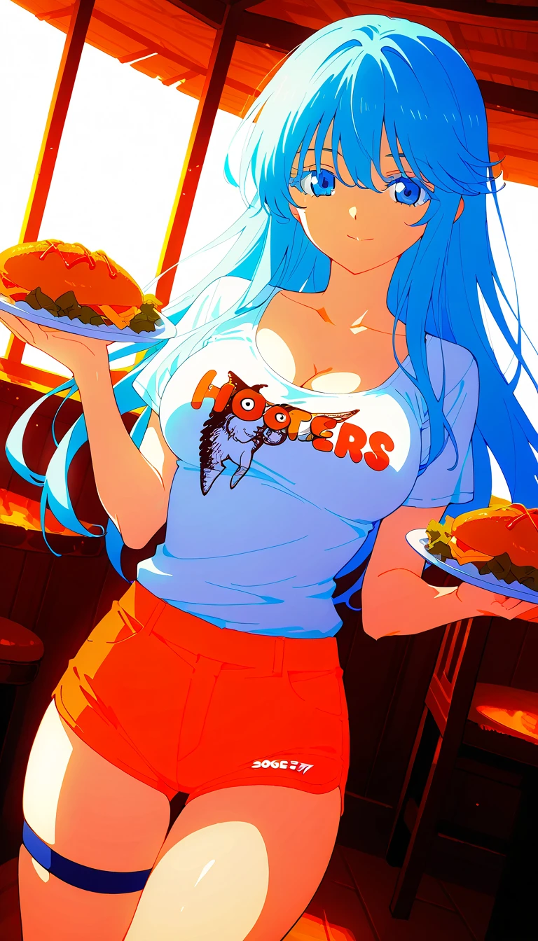 Put hamburger buns on the chest, (there are buns on the chest, the woman puts the burger on the chest, put the vegetables and burger on the chest, spread ketchup on the chest) big breasts,naked
