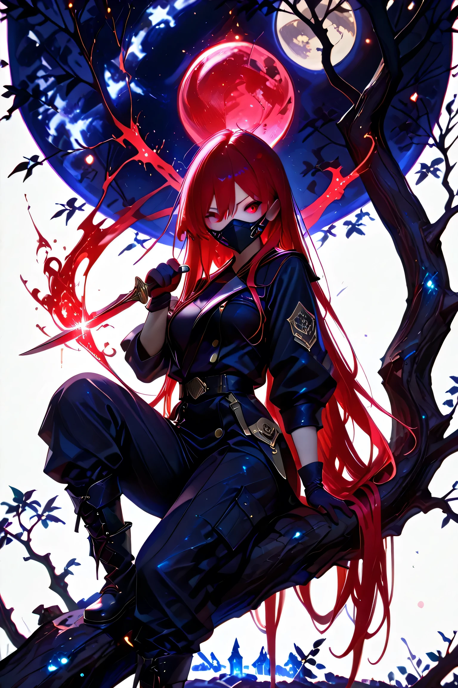(masterpiece, best quality), amazing quality, very aesthetic, absurdres, newest, HDR, 8K, high detail RAW color art, gacha splash art, 1girl, Shana Ryu, red eyes, red hair, very long hair, medium breasts, curvy, beautiful, cool, sexy, black jacket, gloves, mask, black cargo pants, combat boots, solo, dynamic pose, dramatic dagger pose, badass pose, holding great dagger, cool posing, surreal, white background, magical, fantasy, magic, glittering, glow, chromatic aberration, glowing particles, sitting in a tree, moon, night,