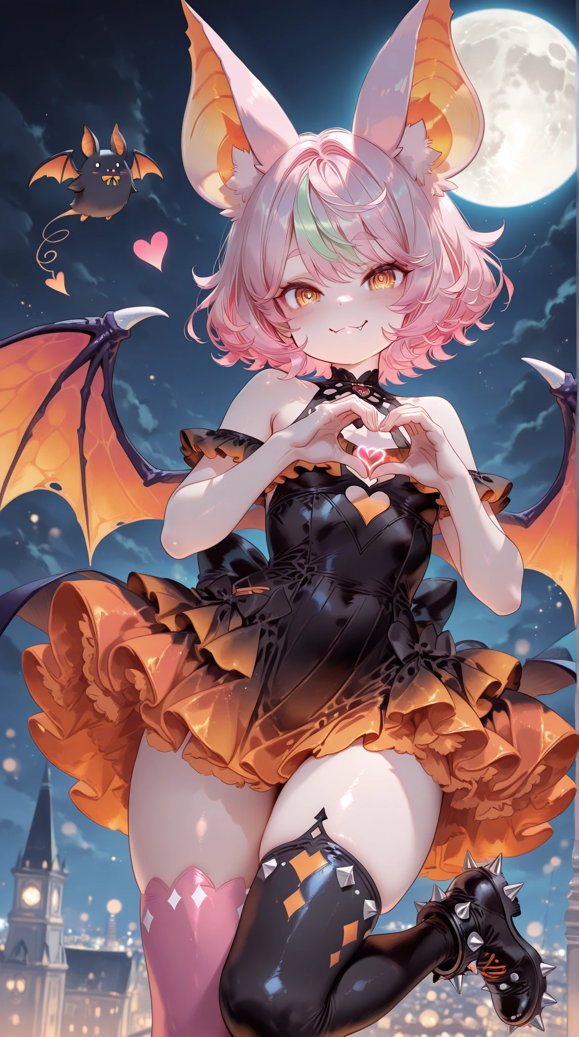 (masterpiece, best quality, highres), 1girl, horns, one eye closed, thighhighs, blonde hair, wings, pointy ears, open mouth, demon tail, smile, solo, twintails, dress, (demon girl, tail,) demon horns, ;d, card, holding, orange eyes, (demon wings), breasts, short sleeves, black thighhighs, puffy short sleeves, looking at viewer, puffy sleeves, yellow eyes, ribbon, hair ornament, frills, long hair, blue dress, bow, (bat wings), ahoge, blush, cat, hair ribbon, shoes, large breasts, boots, black footwear, brown eyes, corset, full body, teeth, bangs, zettai ryouiki, frilled dress, frilled thighhighs, blunt bangs, underbust, skirt, hair bow, cross-laced clothes, :d, sky, paper, short hair, watermark, holding card, <lora:GremoryV1:1>