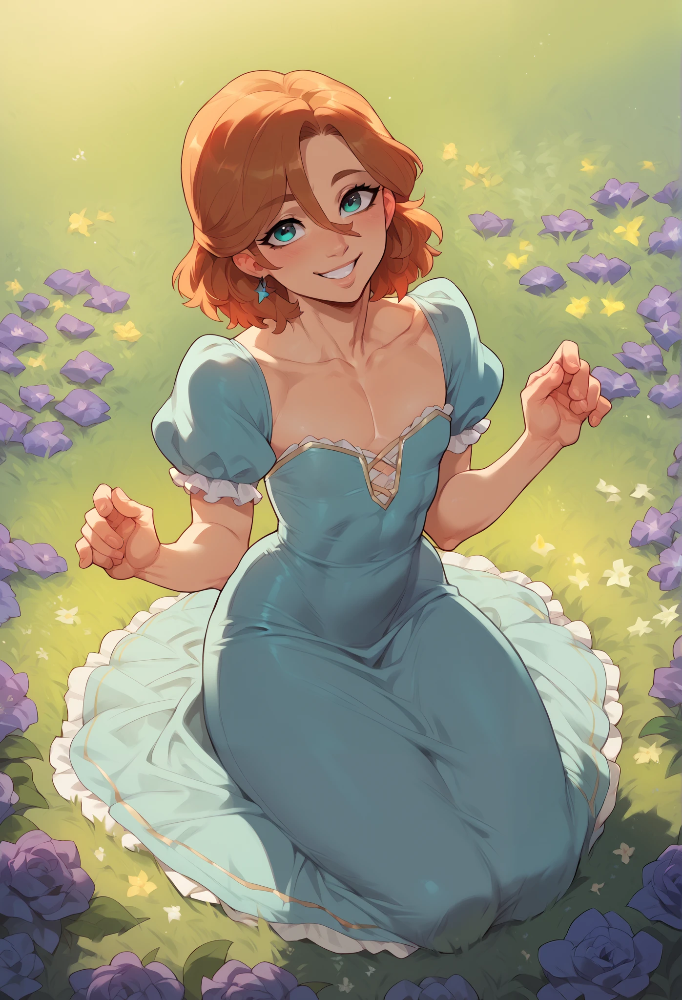 Hyper realistic, cute femboy, petite body, flat chest sitting in field of flowers, wearing a dress, flowers in his hair, smiling, beautiful lighting