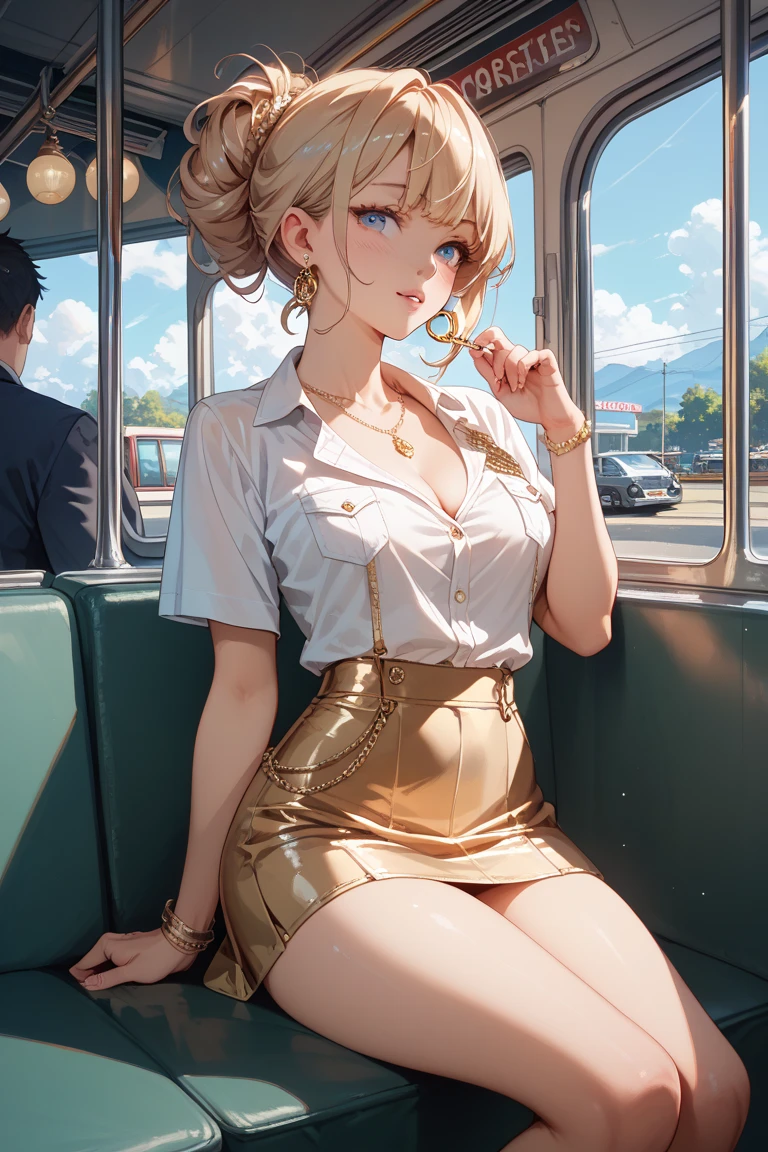 A blond young sexy woman with short hair and hot clothes sits on a seat in a spaceship and the window can show beautiful staras