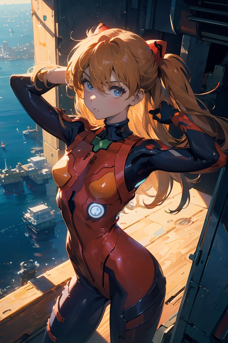 (masterpiece), best quality, expressive eyes, perfect face, 1girl, solo, souryuu asuka langley, interface headset, red bodysuit, hands on waist, standing, hand raised, pointed at the viewer, laboratory background, portrait, looking at the viewer, from above