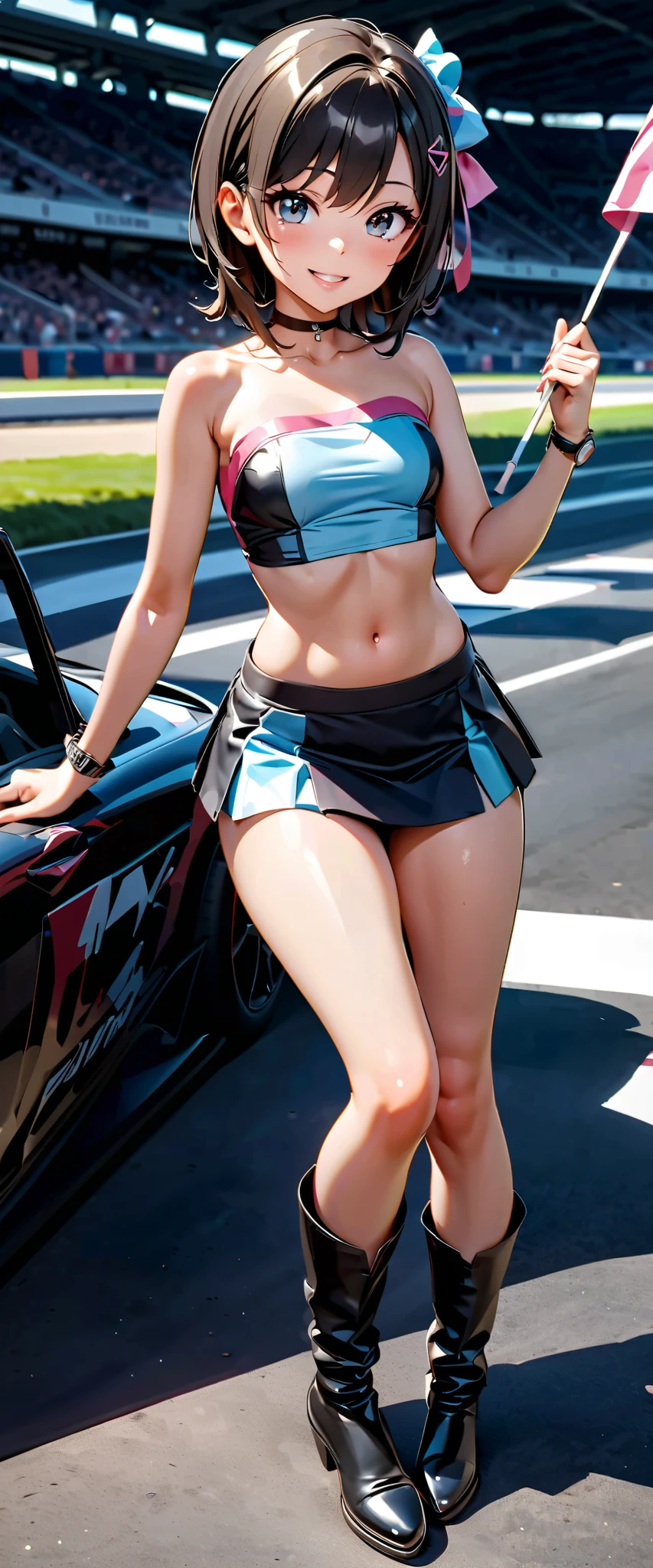 best quality, super high resolution, One person, small breasts, black choker, smile, exposes shoulders, focus only , Viewers,Fair skin,car race track,photon mapping, Physically Based Rendering, RAW photos , very detailed background, K-pop Idol ,depth of field,hair ornament,detailed face,radiant skin, game cg,full body, Shiny Micro Tight Mini Skirt,shiny micro tube top,shiny knee-high long boots,race queen,sexy pose,holding a flag,gross lips,Mizuki