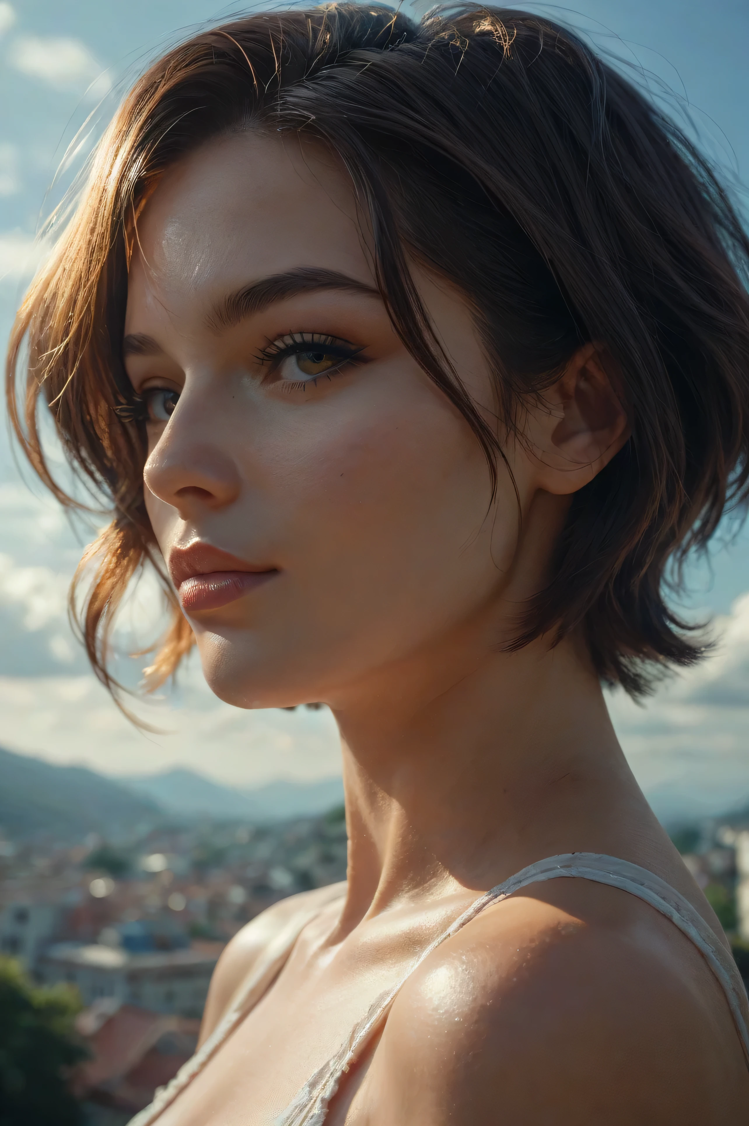 Head view of a beautiful short-haired woman, Which tilts her head, Focus Ohr, macro ohr, high detail