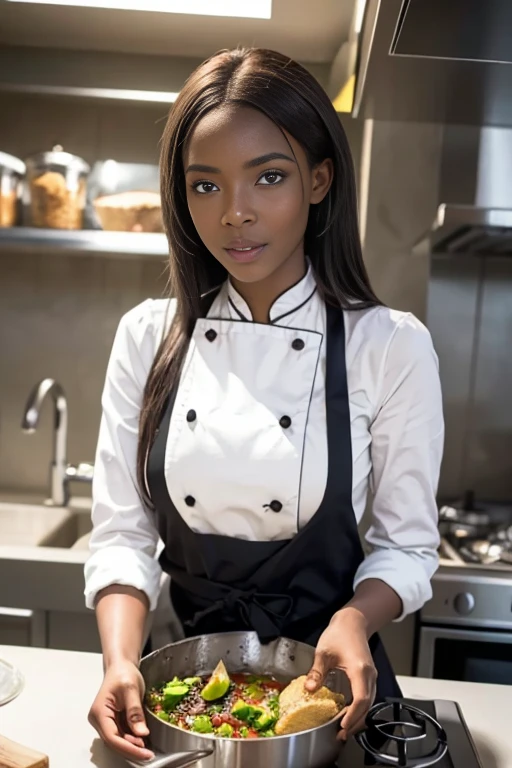 a beautiful woman, Black-skinned, with straight hair, in chef's clothes, making 45 gram chocolate truffles