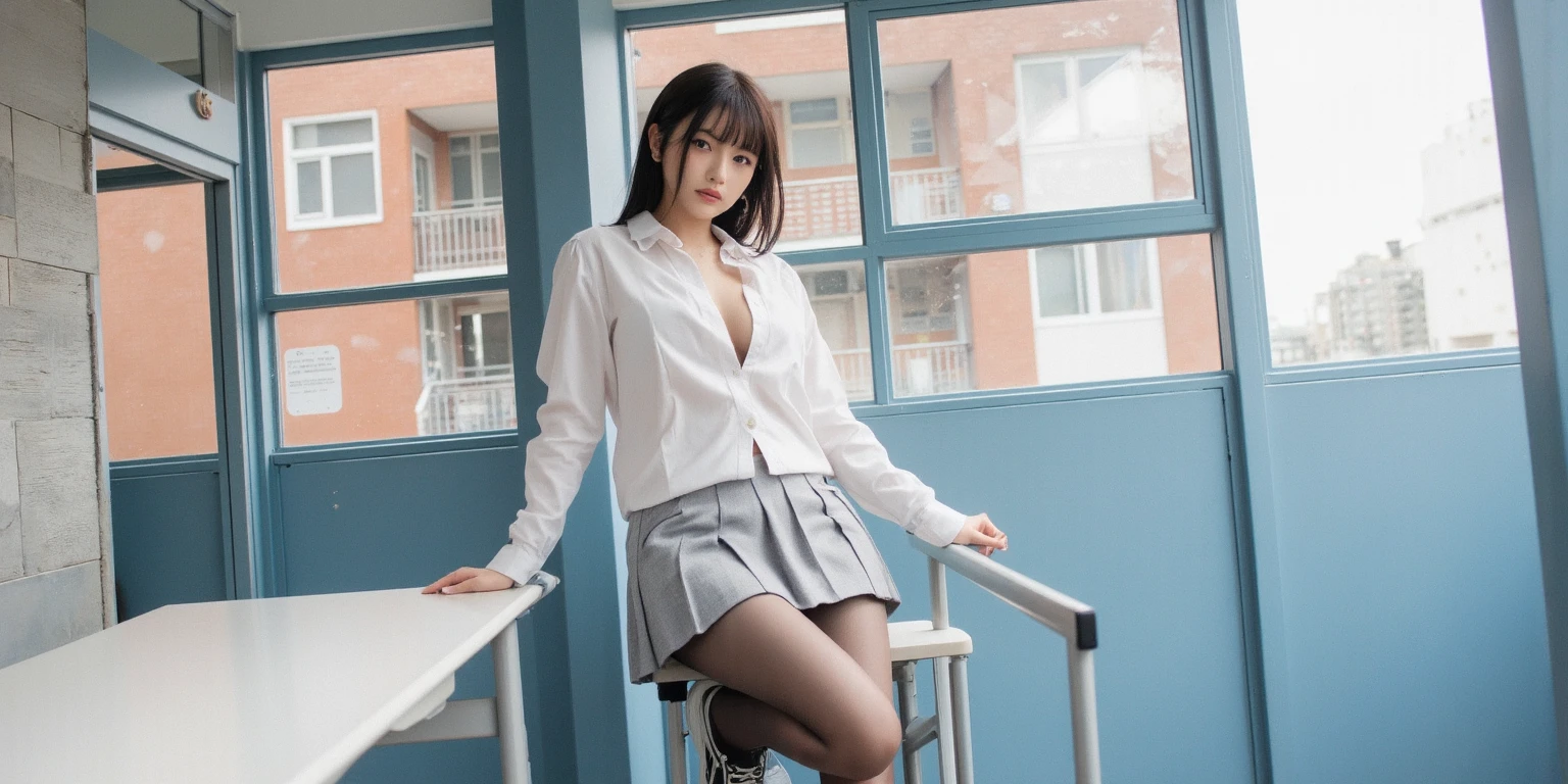 (best quality,8k,high resolution,masterpiece), (ultra-detailed,realistic),
(Do not generate NSFW images), (Generate an image from her thighs to her head), ((Sit on a chair and open your legs to show the panties you're wearing)),
(1woman), (looking at viewer),
(A Japanese woman, 30 years old and 155cm tall.),
(she has short hair style), (A short hairstyle that gives off a neat and tidy impression),
(she wears glasses), (Wellington-shaped glasses with black cell frames),
(she is wearing a light blue shirt), (Neat and elegant collared light blue shirt),
(she is wearing a navy blue miniskirt), (Neat and elegant navy blue flared mini skirt)
(She is wearing a light blue bra and panties),
(she is wearing brown ankle strap pumps),
(Generate detailed images, especially of the eyes), (She looks at me with kind and caring eyes.),
(Her impression is that of a woman who is pure, clean, gentle, yet possesses inner strength.),