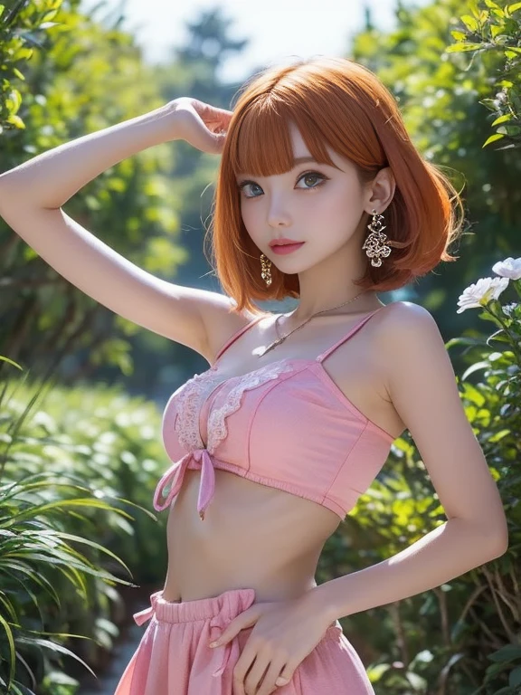red haired girl, sunrays through leaves on skin, sensual, countryside house, beautiful landscape, model photographic pose, hyper realistic