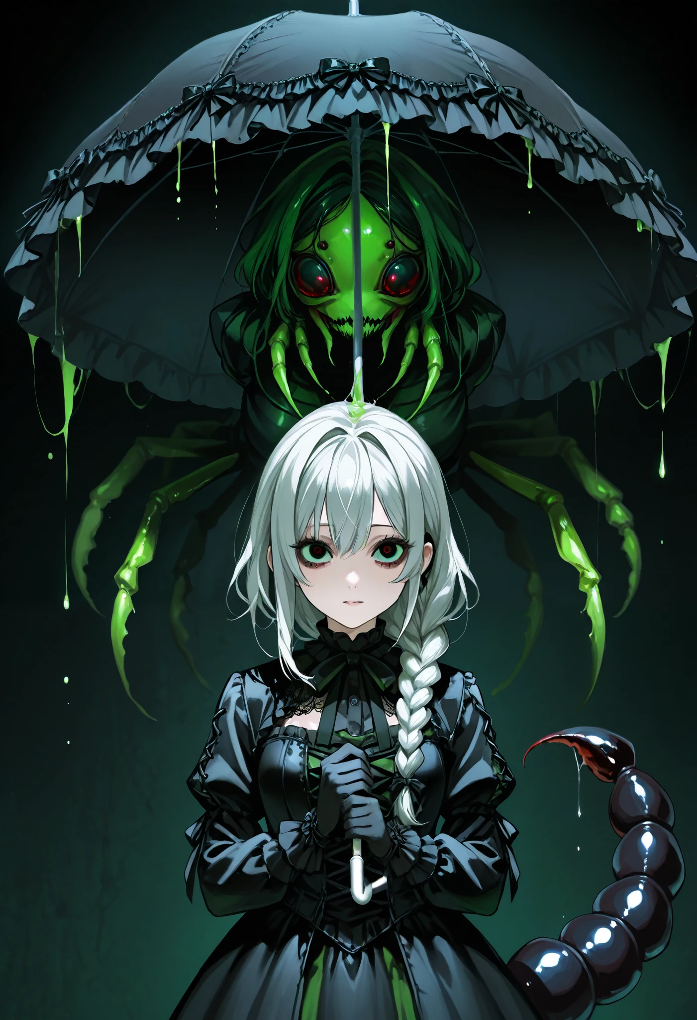 Scorpion girl. Black gothic dress. Scorpion tail. Crustacean. Parasol. Silver hair. Horror eyes. Single braid. Crustacean left hand. Black gloves. Spider eyes in her hair. Dripping green mucus.