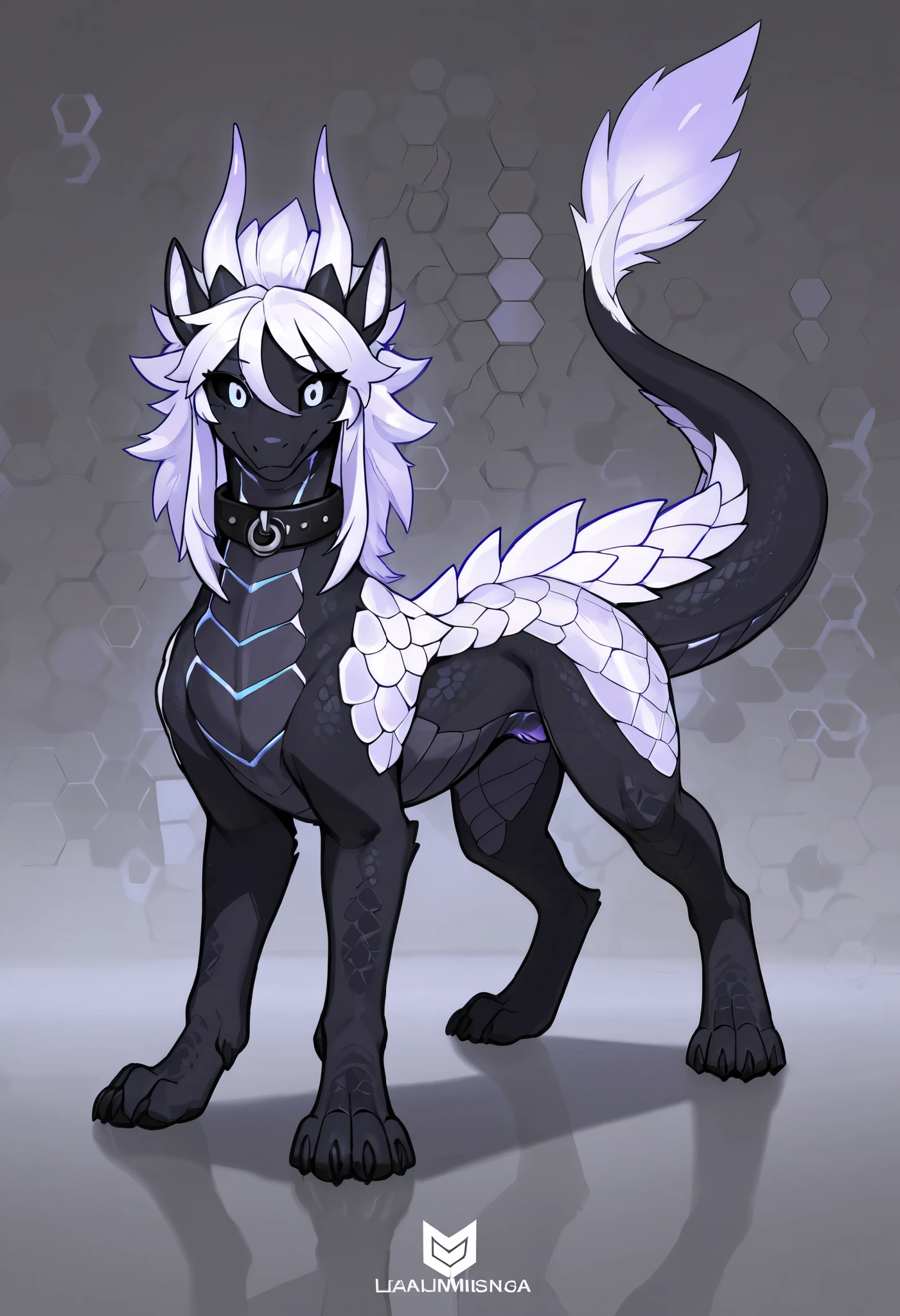 solo, female, feral dragon mount, quadruped, lean body, female, lean build, lean feminine build, hexagon scales, black sclera, white iris, bioluminescence, feminine figure, dragon  between scales, tail, , , petite, collar, black canine , no wings, facing viewer, full body view,
