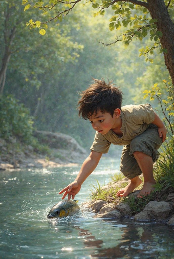 A stunning acrylic painting captures the essence of a heartwarming father-son moment by the river. The Indonesian father triumphantly yanked his fishing rod with freshwater fish dangles on the tip of fishing rod, one leg kicked up in excitement, wearing a tattered brown shirt and grey pants. Beside him, his beaming young son, dressed in a red tank top and black shorts, claps his hands above his head looking at the fish. The idyllic riverbank is surrounded by tall grass and trees, with crystal clear water reflecting the vibrant colors of the scene. Cumulus clouds drift above, casting a gentle light, while butterflies flutter, adding a touch of whimsy. The visible brushstrokes lend a dynamic and textured appearance, immortalizing this cherished moment spent in nature.