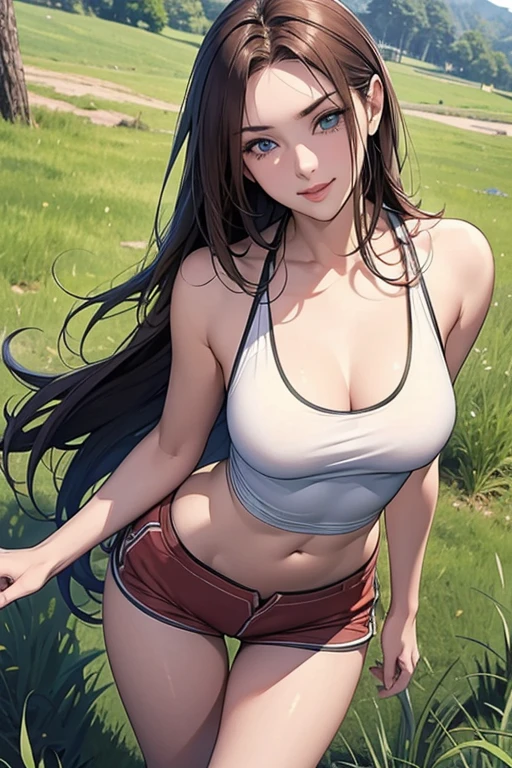 big plans, Beautiful woman with thumb art style, Written by Jeremy Mann, Written by Sandra Chevrier, dave mckean、Written by Richard Avedon、Written by Maciej Cuchara, white tank top and jeans, be familiar with, 8k、be familiar withな目で、long wavy hair、bangs、((Face only up)), masterpiece, 最high quality, high quality, High resolution, (jungle background)