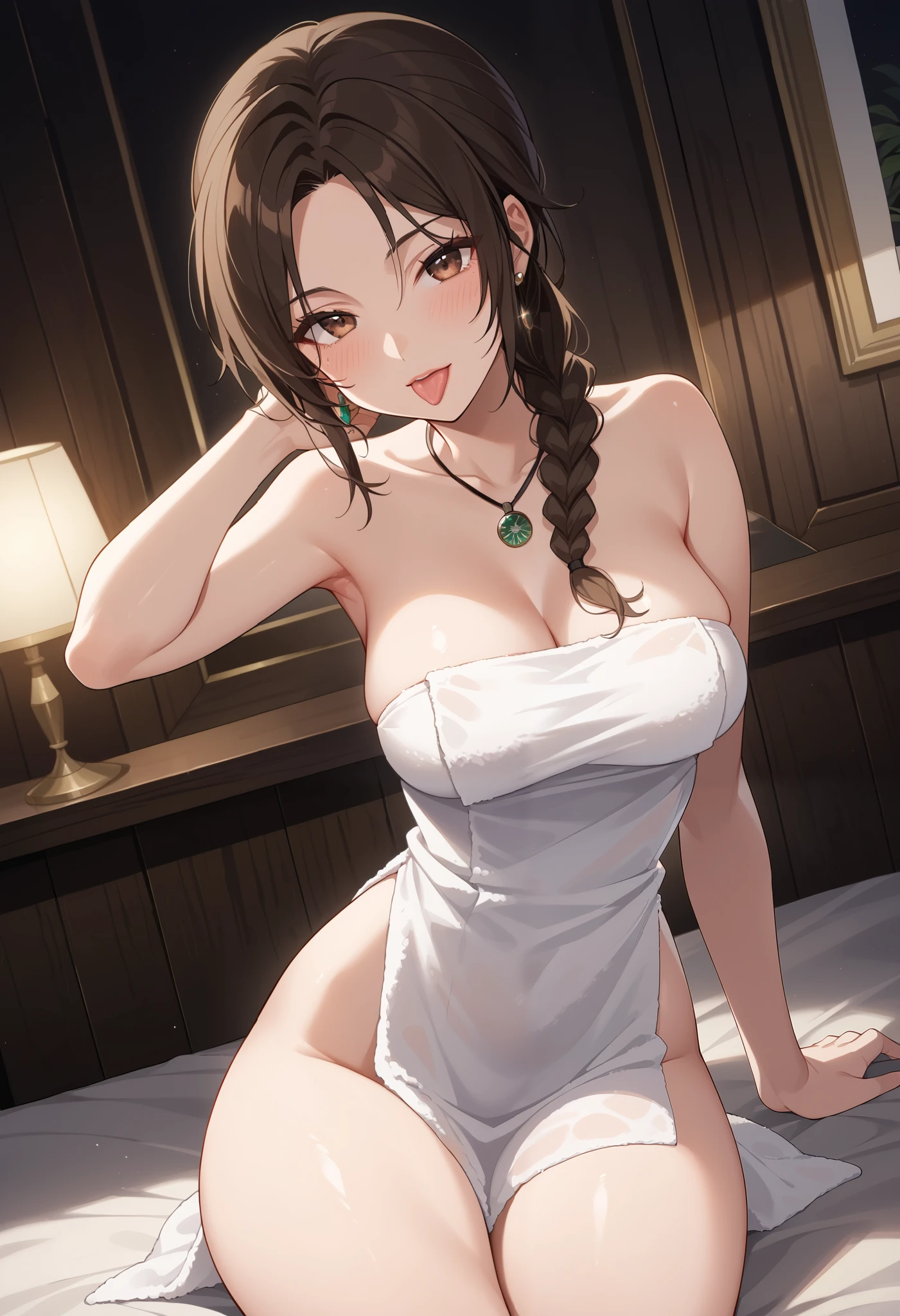 A seductive young woman with short twisted braids,(beautiful tits:1.7), wearing a transparent white short loose (see-through:1.7) cheongsam, braless,(without underwearing:1.7),and posing in various alluring positions on a circular bed, with a smirk on her face. She is not wearing any undergarments, revealing her body in its entirety. The scene is set in a luxurious bedroom, complete with silk sheets, velvet curtains, and a large crystal chandelier. The mood is sensual and provocative, yet playful, with a hint of mischief in the woman's expression. The warm, soft lighting from the chandelier casts a golden glow on the room, creating a dreamy and intimate atmosphere