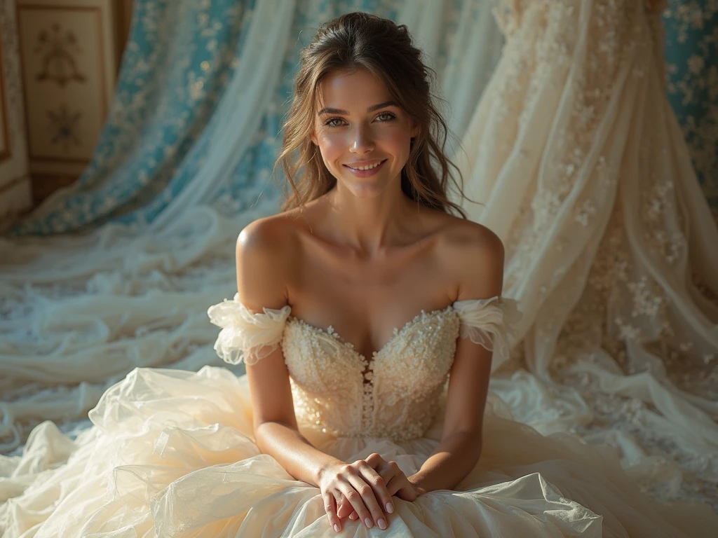 "A beleza deslumbrante desta jovem encanta a todos que a veem. Seus cabelos longos brilham como o sol, seus olhos profundos irradiam uma luz cativante. Your genuine smile reveals confidence, your flawless skin highlights your youth. Every step is graceful, her slender figure is the symbol of femininity. Her dress is a masterpiece, highlighting your unique beauty. Sua voz doce e melodiosa cativa a todos. She is the perfect combination of beauty, elegance and charm, uma verdadeira embaixadora da feminilidade."