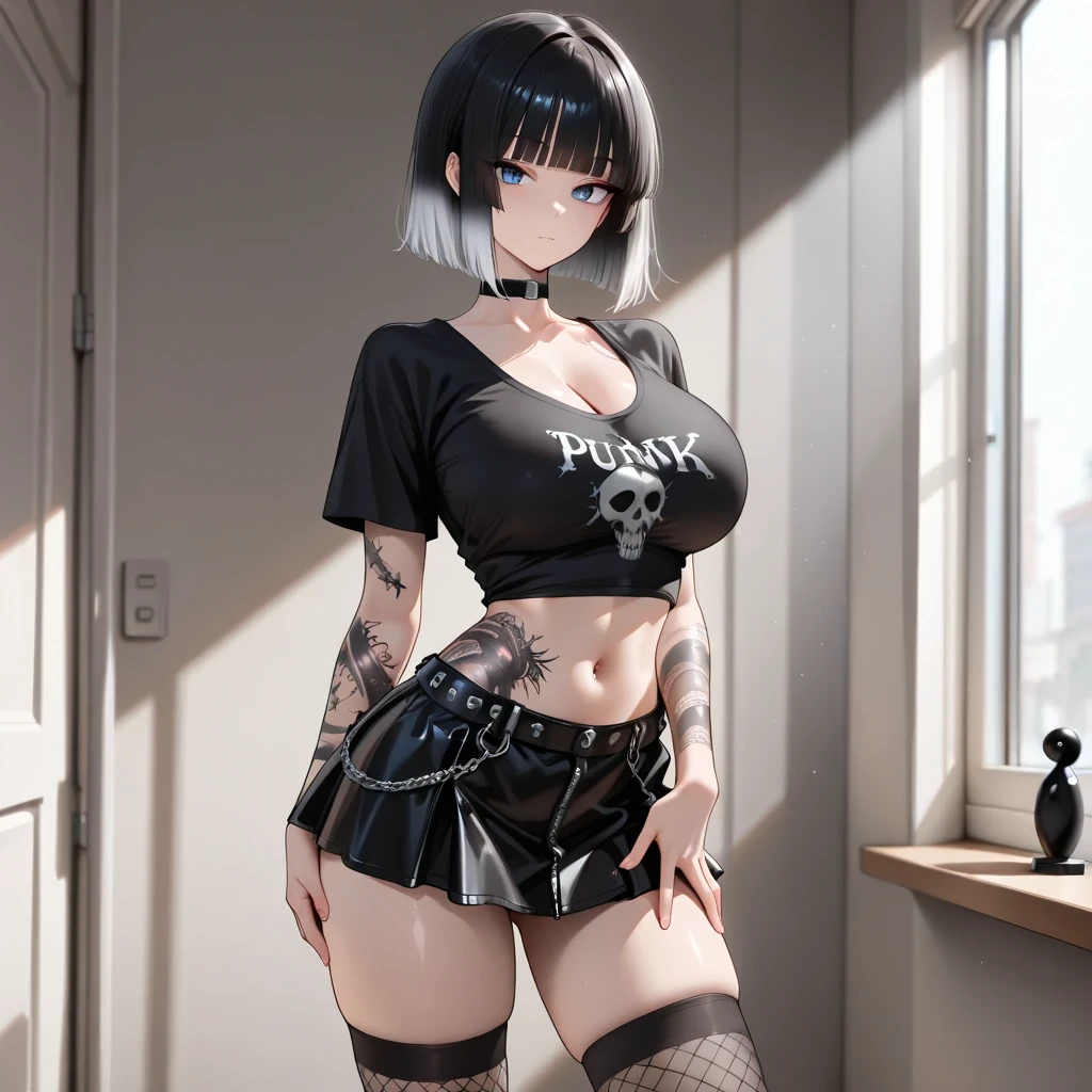 slender body, Slim waist, Her long limbs are like a model , hand on own ass, (black black white hair gradient hair), top quality、 ( professional lighting without shadows )、 Surreal, is fascinating、figure like a slender supermodel、 1 girl, (big breasts, Belly button exposed), ( flat at honny, beautiful skin)), (明るい and beautiful blue eyes ,(( hime cut, short hair ))), ( black mini tight skirt , black u neck t-shirt, cleavage visible ,(( punk style fashion))) , Knee High Socks, ((tattoo))