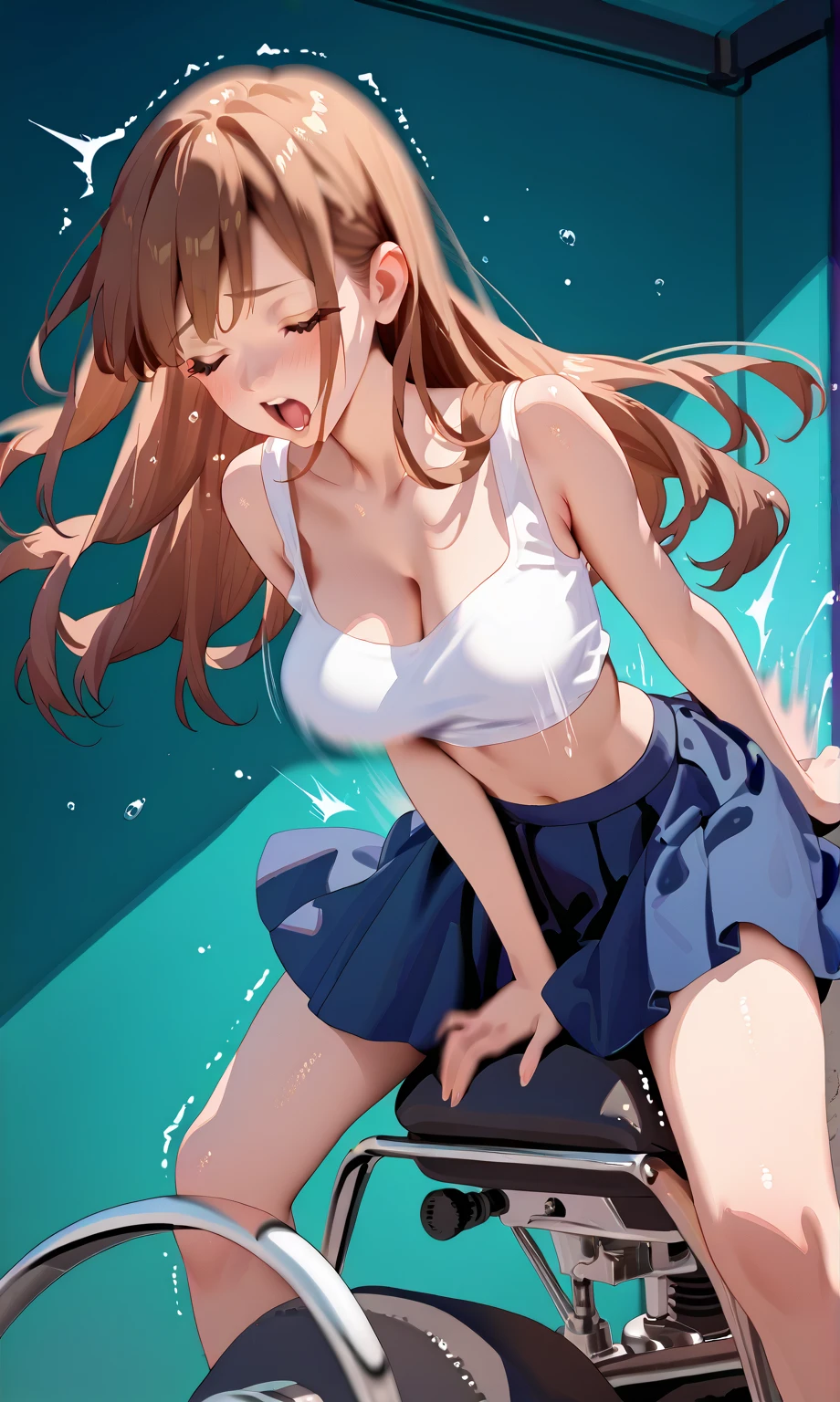 (Superflat, Flat Shading, flat-colors:1.1)、(one asian boyish girl)、(cute little:1.2)、very beautiful cartoon girl、Great smile、cheeks are reddened、(High Detail Skin: 1.2)、photorealistic anime girl render、realistic anime 3 d style、cute littleボブカット、Beautiful brown hair、Intense black eyes、Strong highlights of the eyes、(A detailed、medium chest)、Perfect Anatomy、hair messy、old style sportswear、((Leotard transparent with sweat))、((Wet with water))、From below、((from the front side))、Showing off a white leotard、Rhythmic gymnastics uniforms、Sportswear with a small area、Angle from your feet、Angle from below、((Angle looking up from below、Crotch show off))、studio with mirror、Volumetric lighting、Soft light、Bright、neons、Vibrant colors、watercolor paiting、