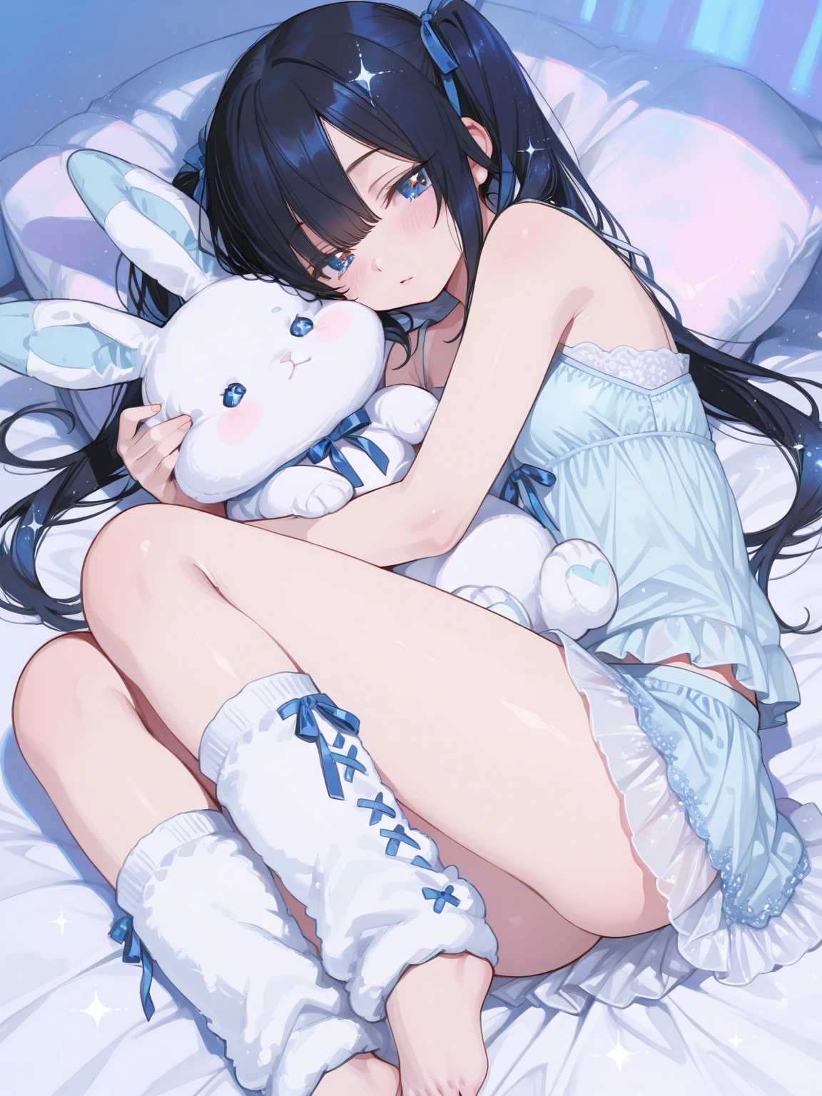 Cheerful bunny girl, see-through attire, caring smile, reverse bunny, holding a huge stuffed toy, lie on back, on the bed, fluffy pillows, leg up , beautiful butt , focus on butt, super close up