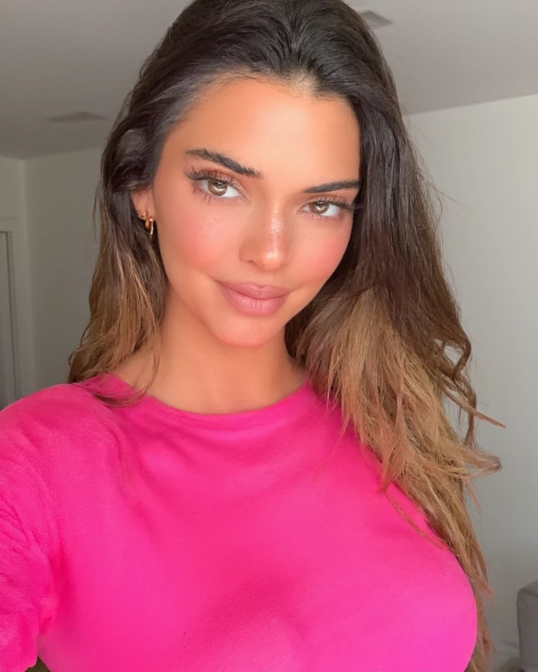 Photorealistic close up mirror selfie, sharp focus, raw photo, amateur photo, sexy fit woman with beautiful face like Madison Beer, Megan Fox and Kim Kardashian. She is in pink crop top