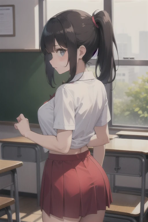 Kaguyasinomiya, Kaguya Shinomiya, folded ponytail, forehead, hair ribbon, (red eyes:1.5), red ribbon, band, Short hair, side locks, (little chest:1.2), gym uniform, Short top, legging, BREAK looks at the viewer, stands with your back to the viewer, seen from behind, ass, big ass, shows the, BREAKTHROUGH in the room, Classroom, BREAK (Masterpiece:1.2), Best Quality, High Resolution, Unity 8k Wallpaper, (illustartion:0.8), (beautiful detail eyes:1.6), extremely detailed face, perfect lighting, extremely detailed CGI, (perfect arms, perfect anatomy),