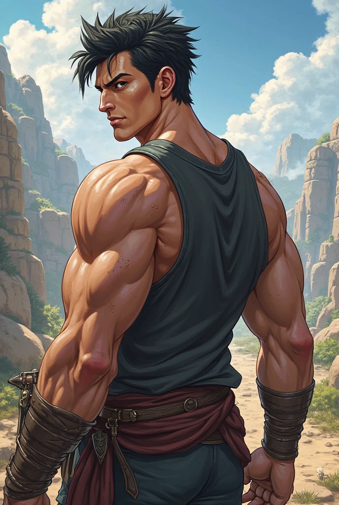 Conan Exiles Style, standing, facing forward young warrior (16 years old) (young face) with a sword, weapon in right hand, ready to fight, top rated pixiv, shirtless, 500 lbs, front view, muscular body, a gigantic chest with a narrow waist, huge shoulders, ridiculously well-shaped large pecs, eight chiseled abs, arms as thick as trunks and formidable thighs. (heavily toned and huge) narrow waist, barbarian, brown hair, ponytail hair, blue eyes (detailed eyes), D&D character, brave warrior, human, handsome face, young face, skill image, bulge, rocky desert behind him, sunny day, few clouds in the sky
