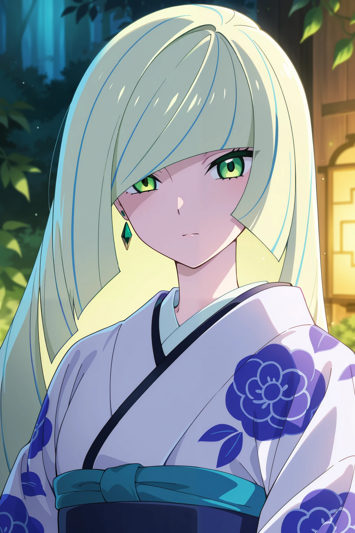 very aesthetic, highres, newest, anime screencap, anime coloring, 2d, 1girl, lusamine (pokemon), detailed portrait of a young woman, lusamine from pokemon, elegant and graceful pose, lustrous silver hair, piercing blue eyes, delicate facial features, detailed anime art style, intricate kimono design, natural lighting, lush botanical garden background, vibrant colors, soft focus, cinematic composition, stunning digital illustration, masterpiece, 8k, hyper detailed