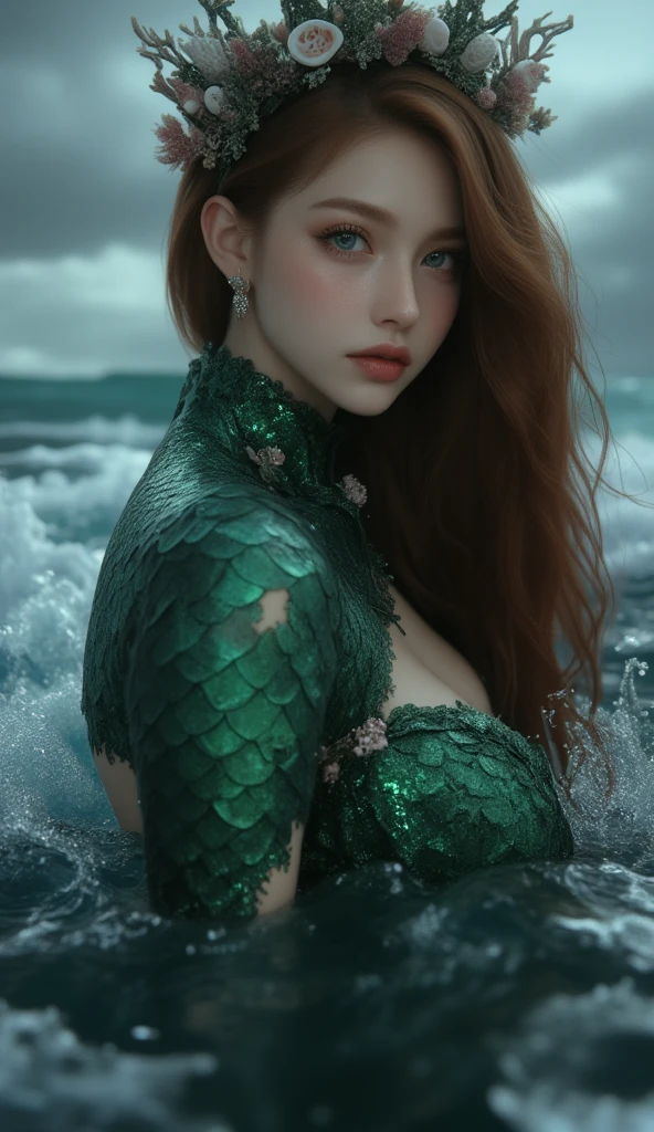 Absurd, ultra-detailed, high quality, masterpiece, cute face, beautiful lips, beautiful eyes, beautiful eyelashes, beautiful breasts, fully exposed skin, seductive, beautiful face, slightly confused expression, sexy, gorgeous, young teenager, long reddish hair, the mermaid , sitting in shore , in ocean , moon light and clear sky with stars,